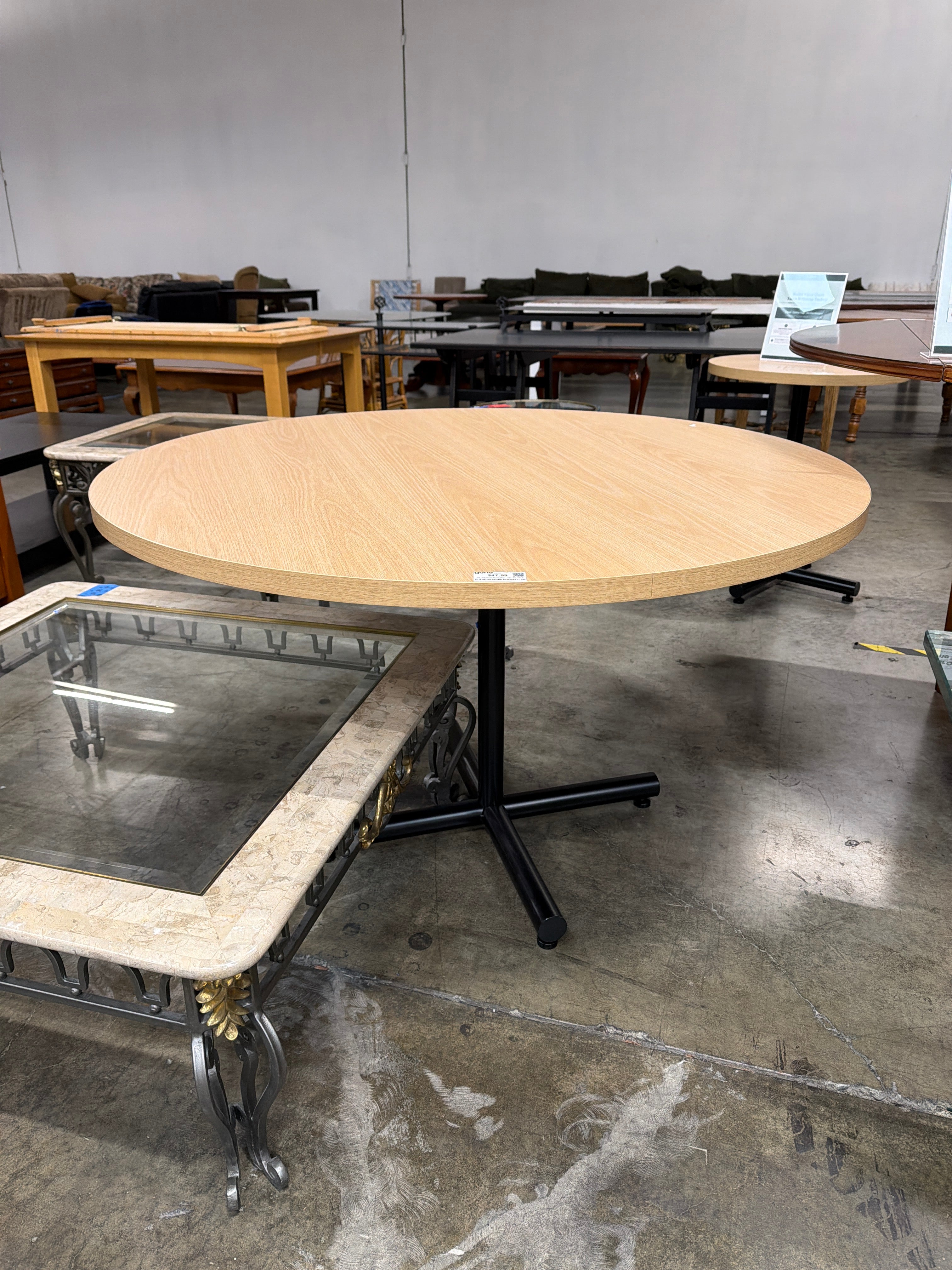 4 ft Maple Round Office Conference Table with Black Metal Pedestal Base