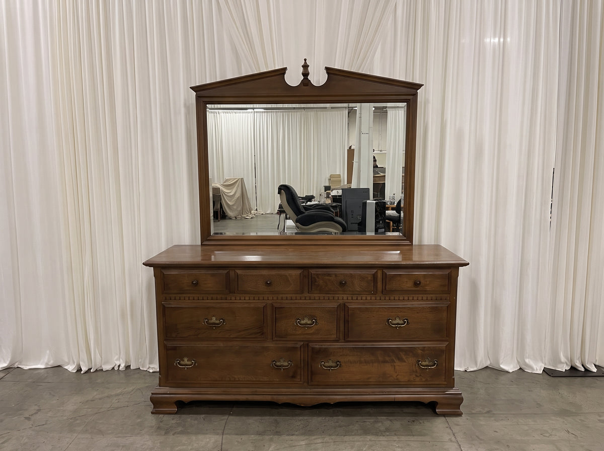 Ethan Allen American Traditional Solid Maple 9-Drawer Triple Dresser with Pediment Mirror, Nutmeg, Made in USA