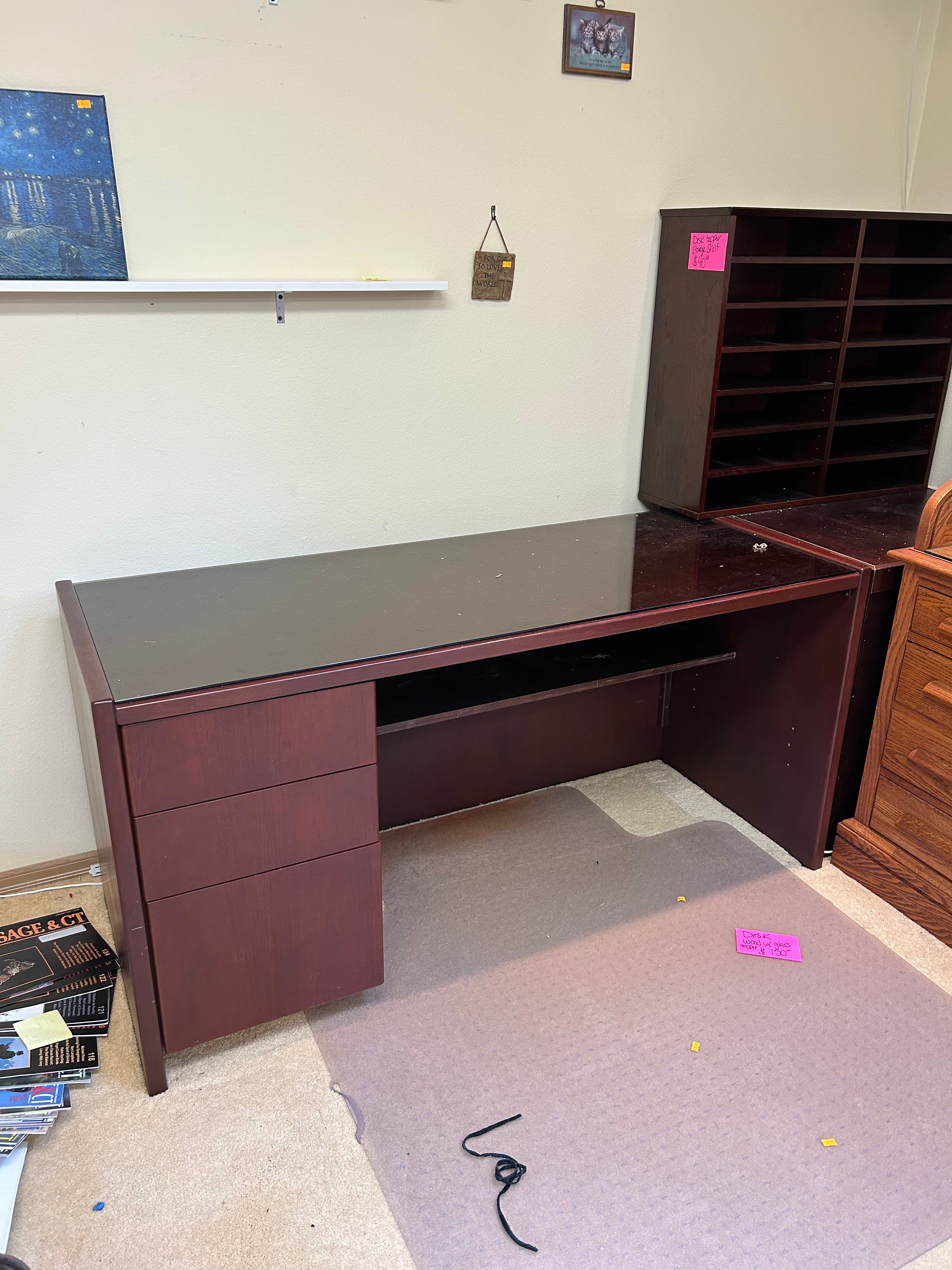 Cherry Wood Office Desk w/ Glass Top
