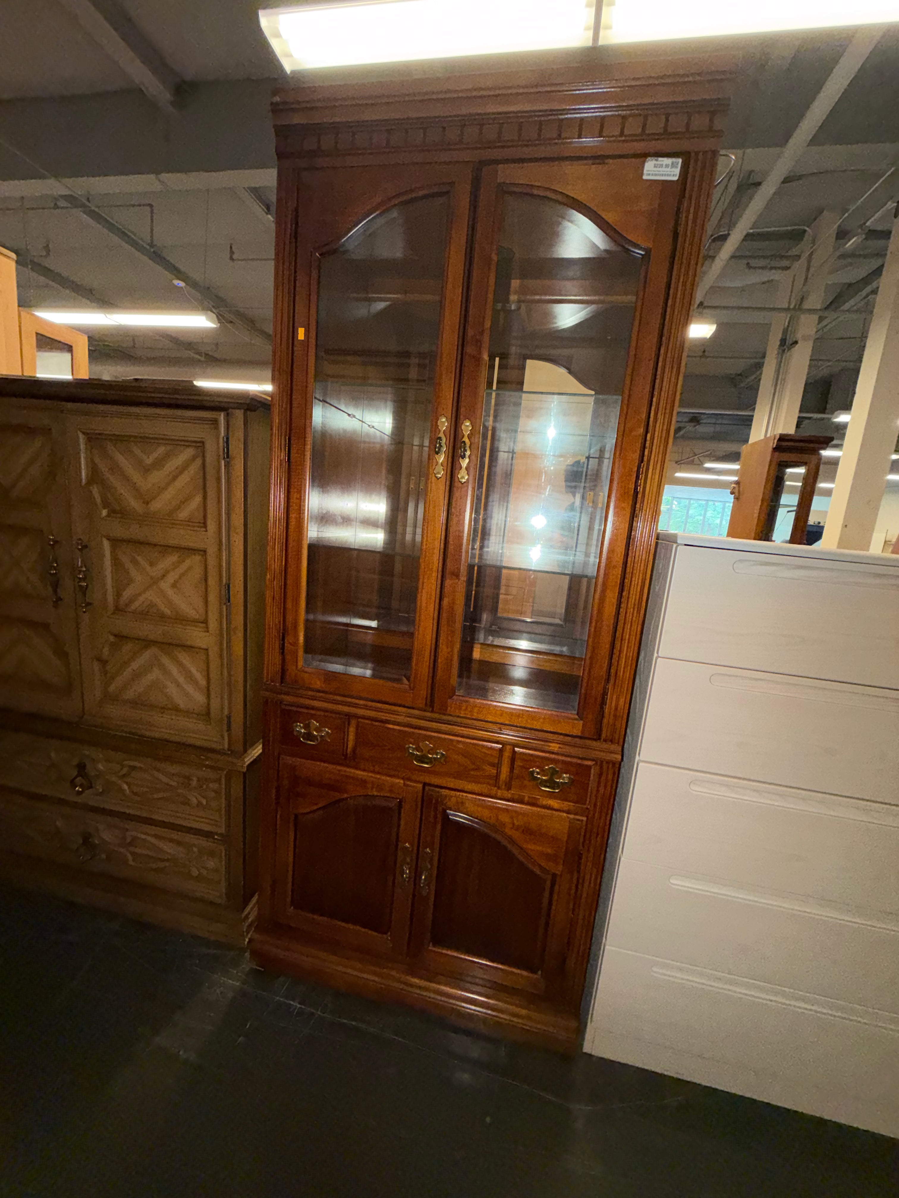 Traditional Wood Display Hutch with Glass Doors and Brass Hardware