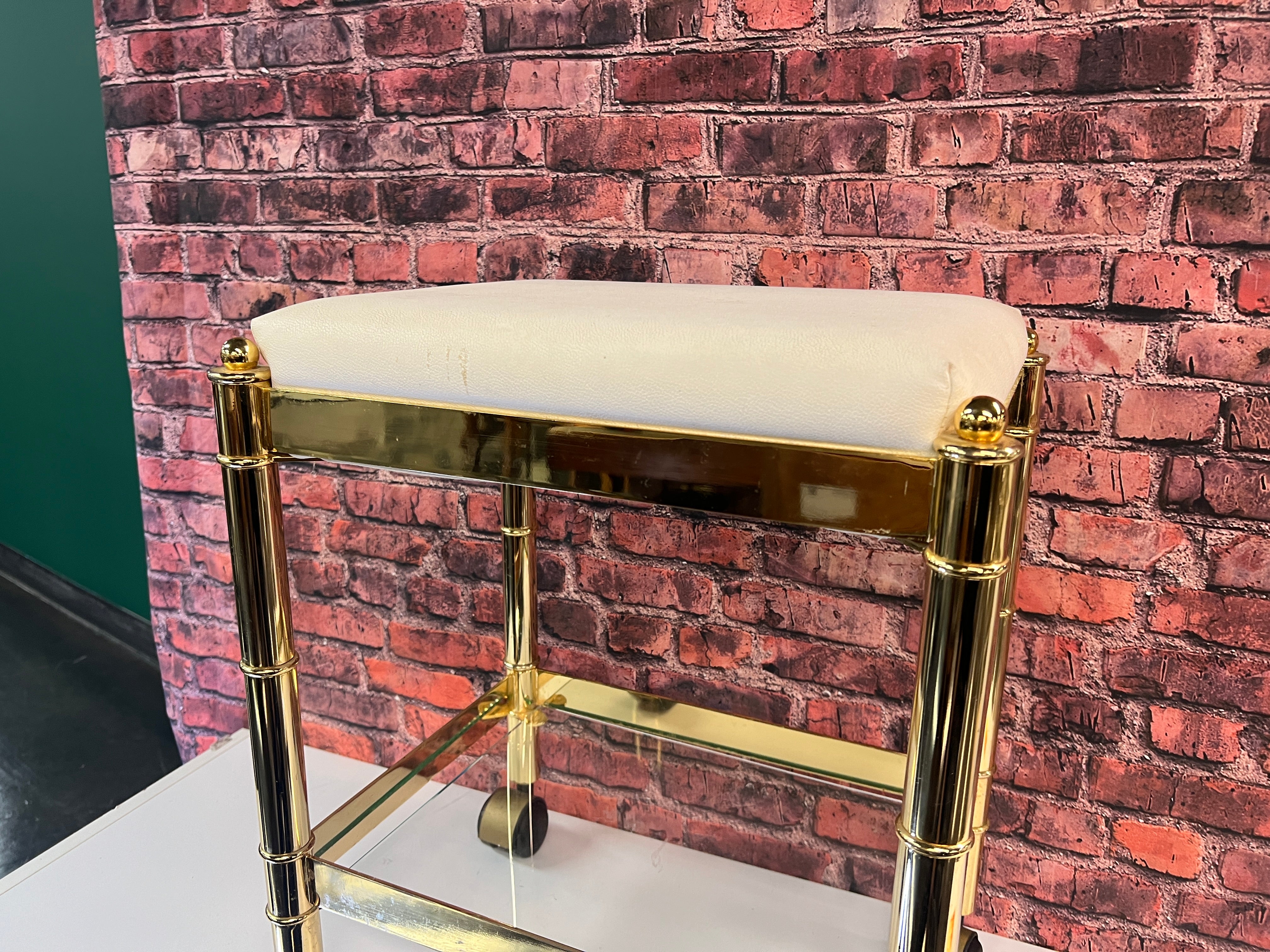 Vintage Gold Bench Cart Glass Shelves W/ White Cushion