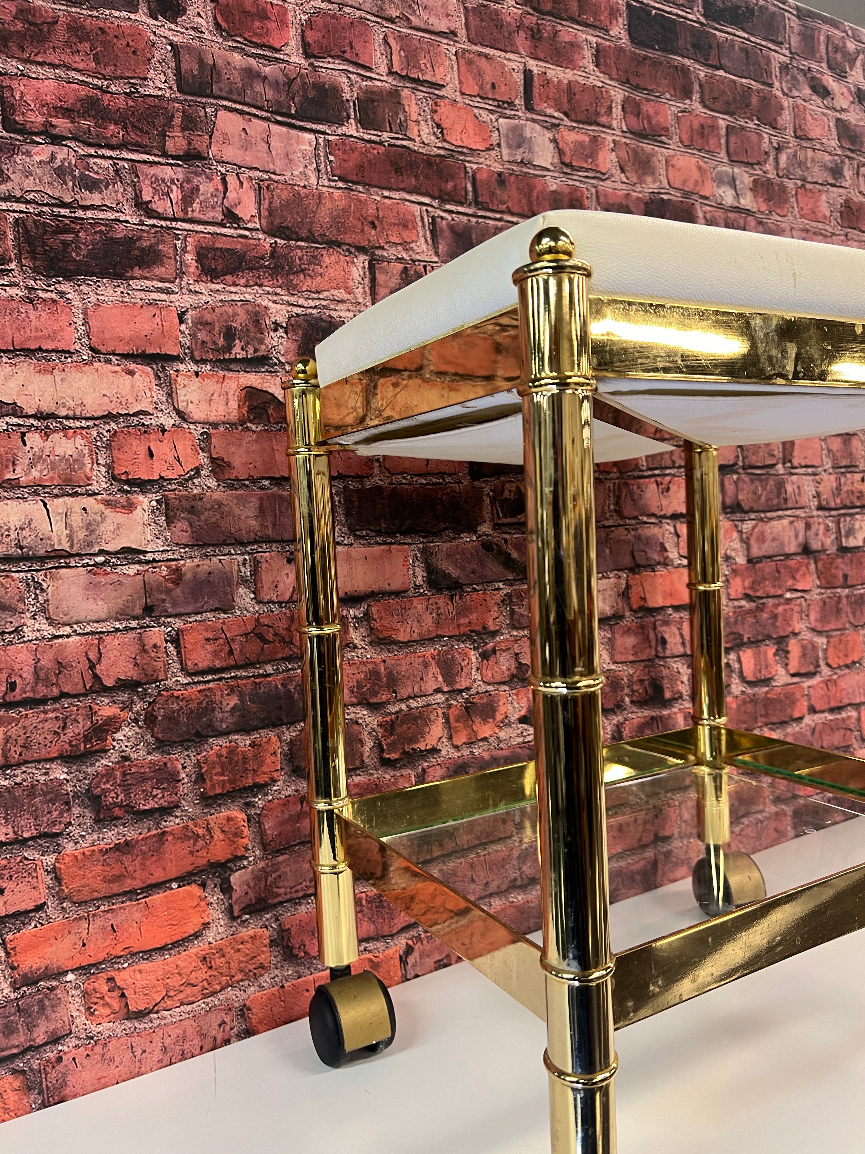 Vintage Gold Bench Cart Glass Shelves W/ White Cushion