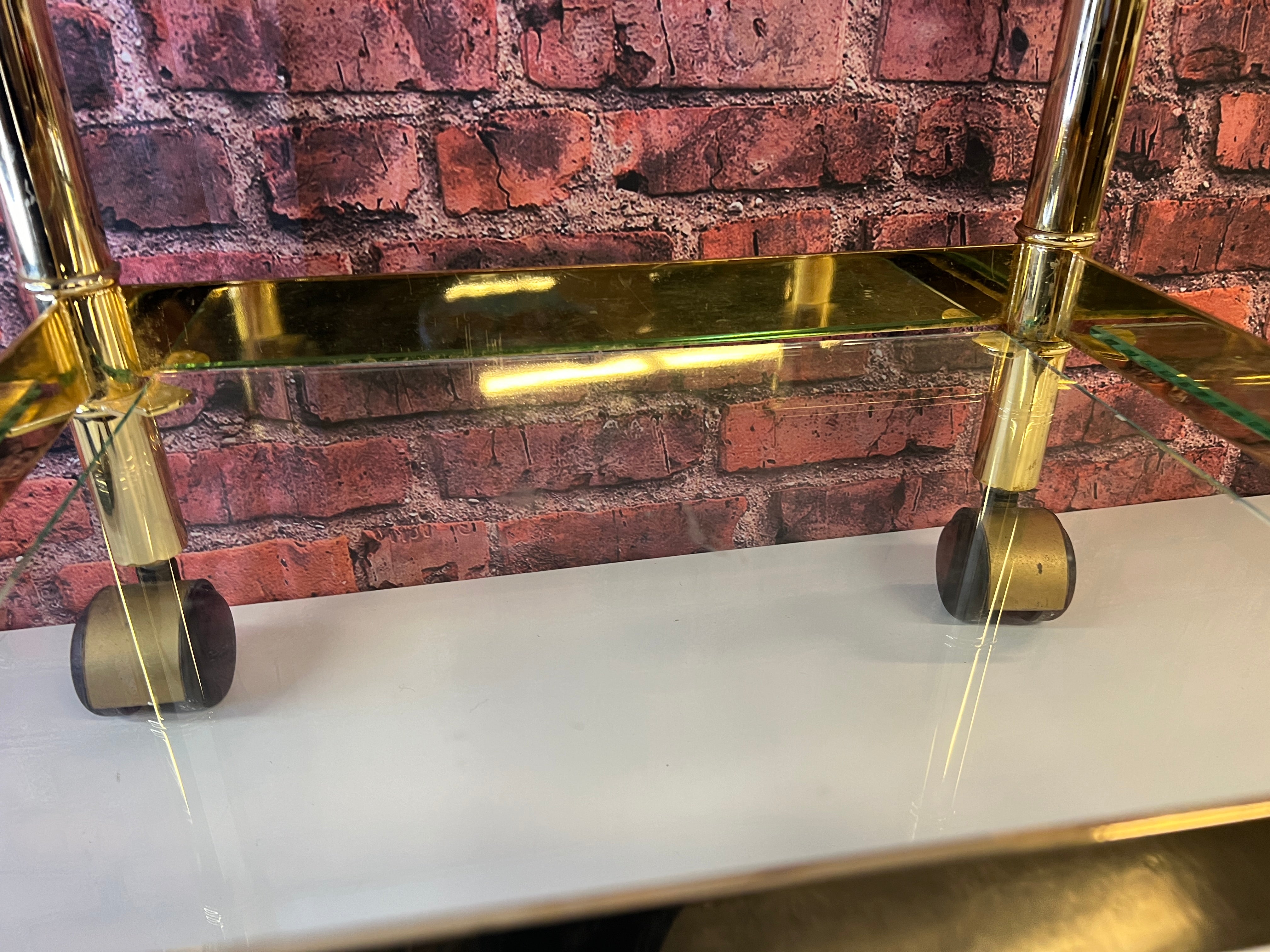 Vintage Gold Bench Cart Glass Shelves W/ White Cushion