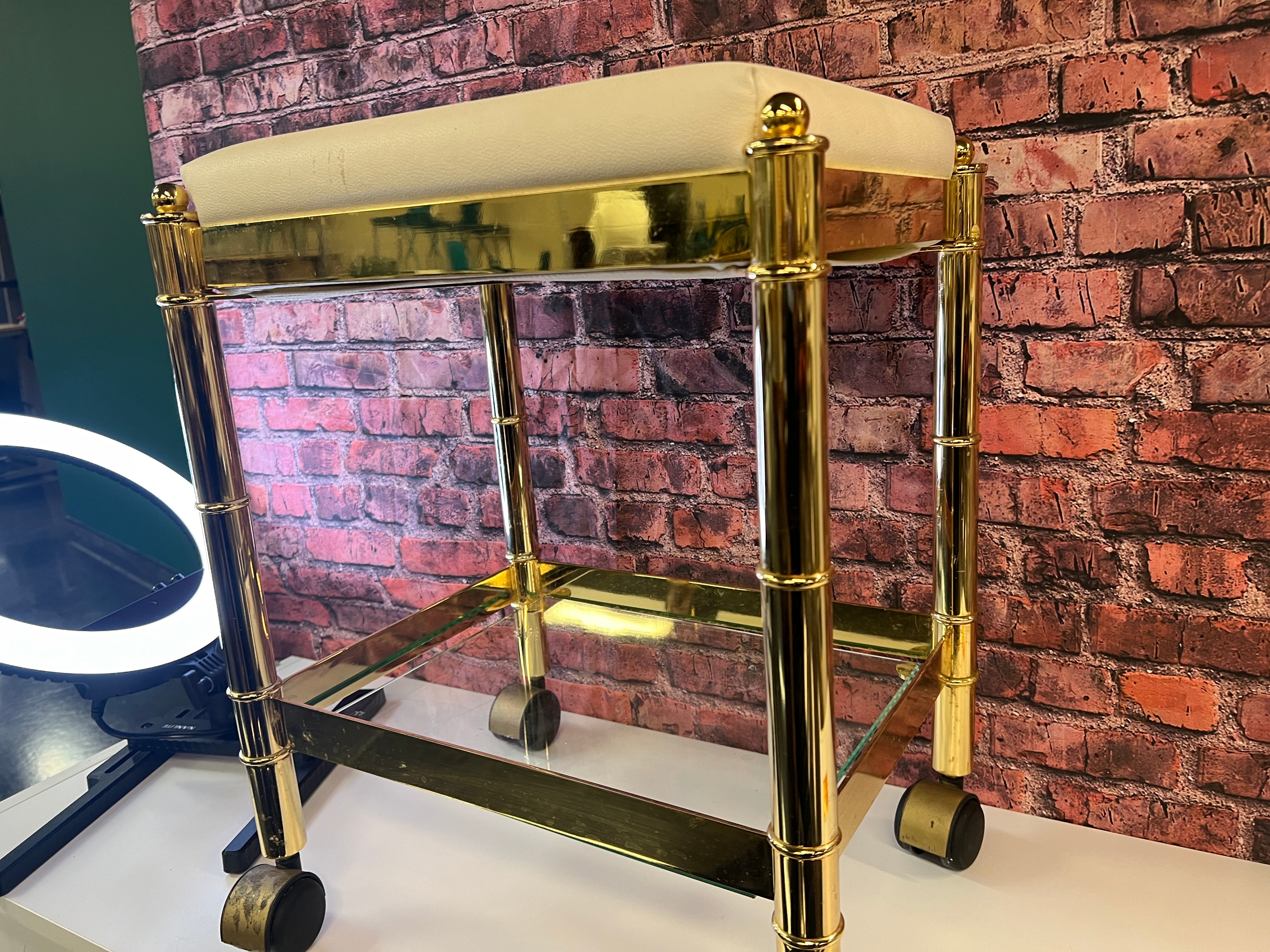 Vintage Gold Bench Cart Glass Shelves W/ White Cushion