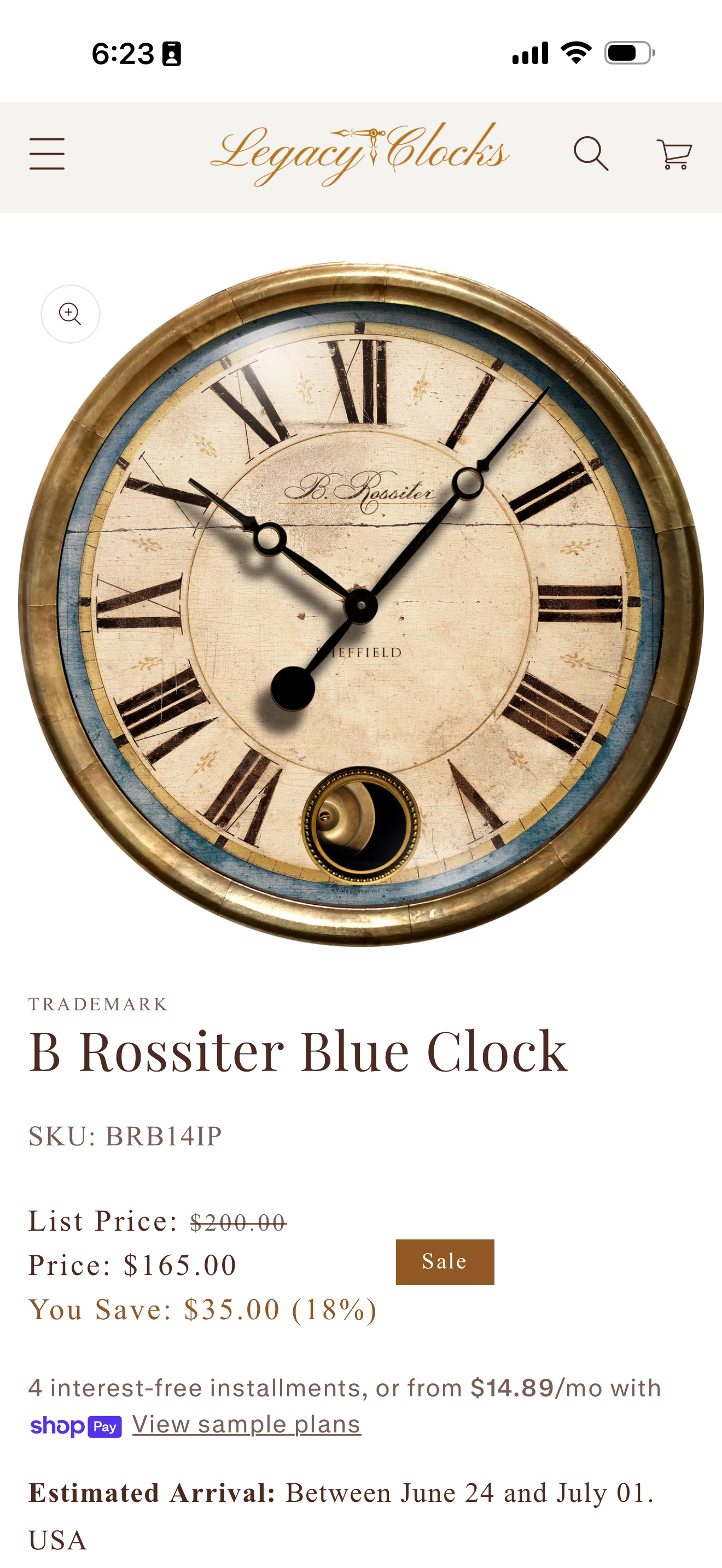 Vintage-style B. Rossiter Regency 18" Round Wall Clock with Roman Numerals