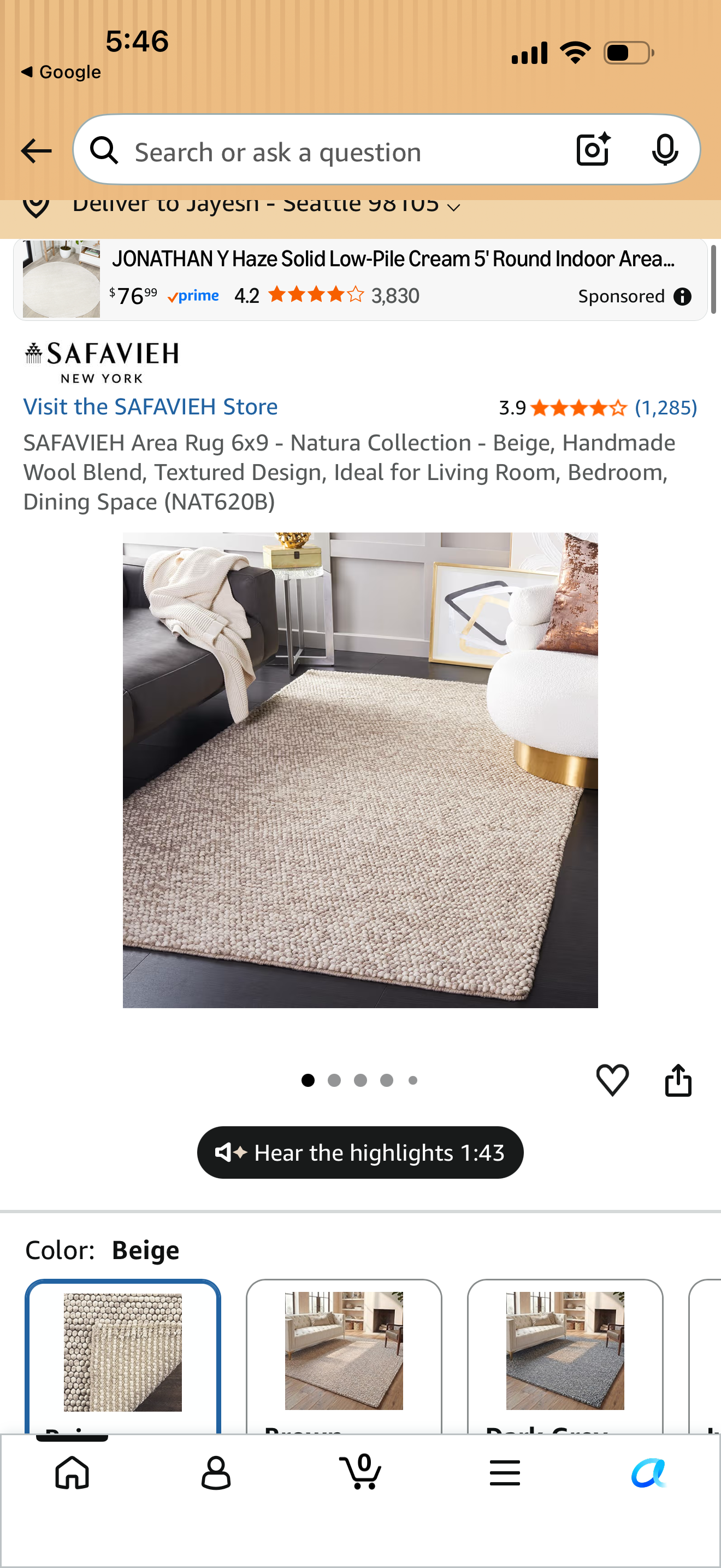 SAFAVIEH Area Rug 6x9 - Natura Collection - Nirvana Beige, Handmade Wool Blend (NAT620B)
