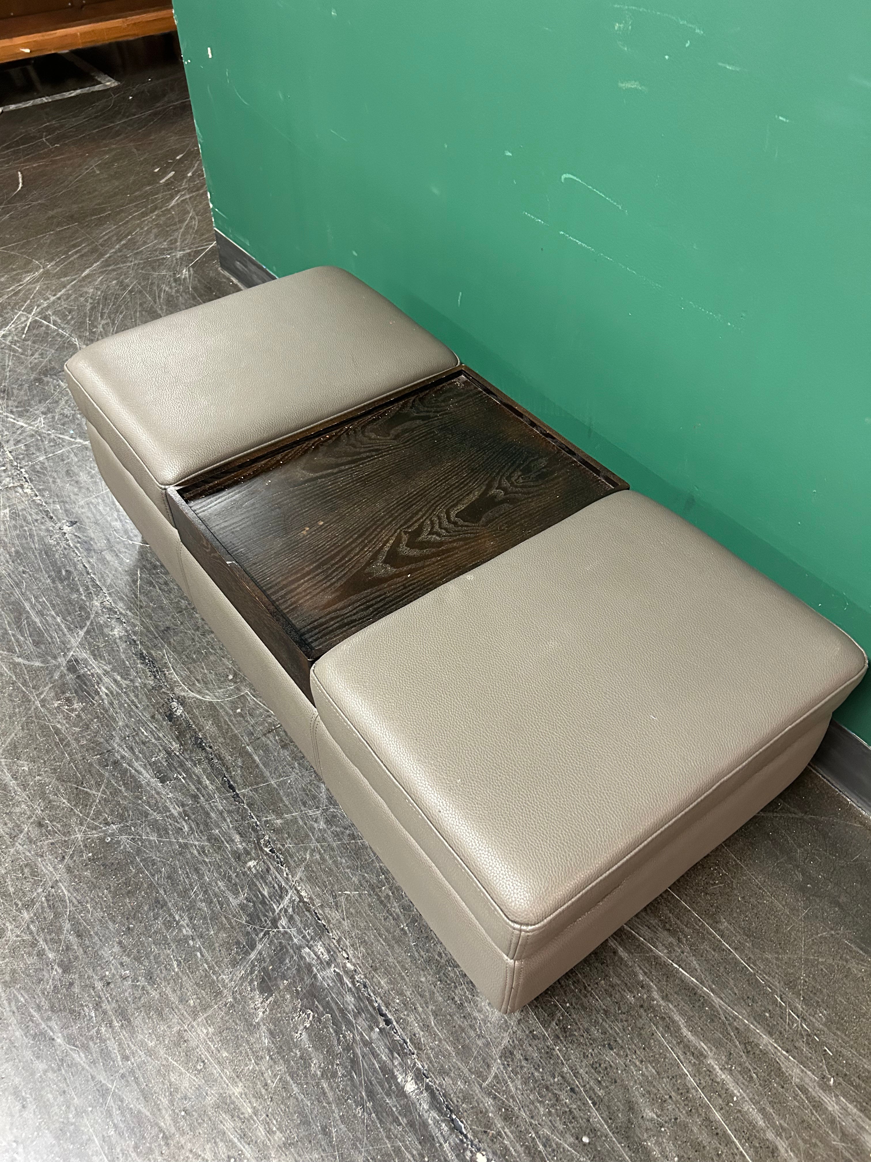 Contemporary Three-Piece Leather Ottoman with Wood Tray