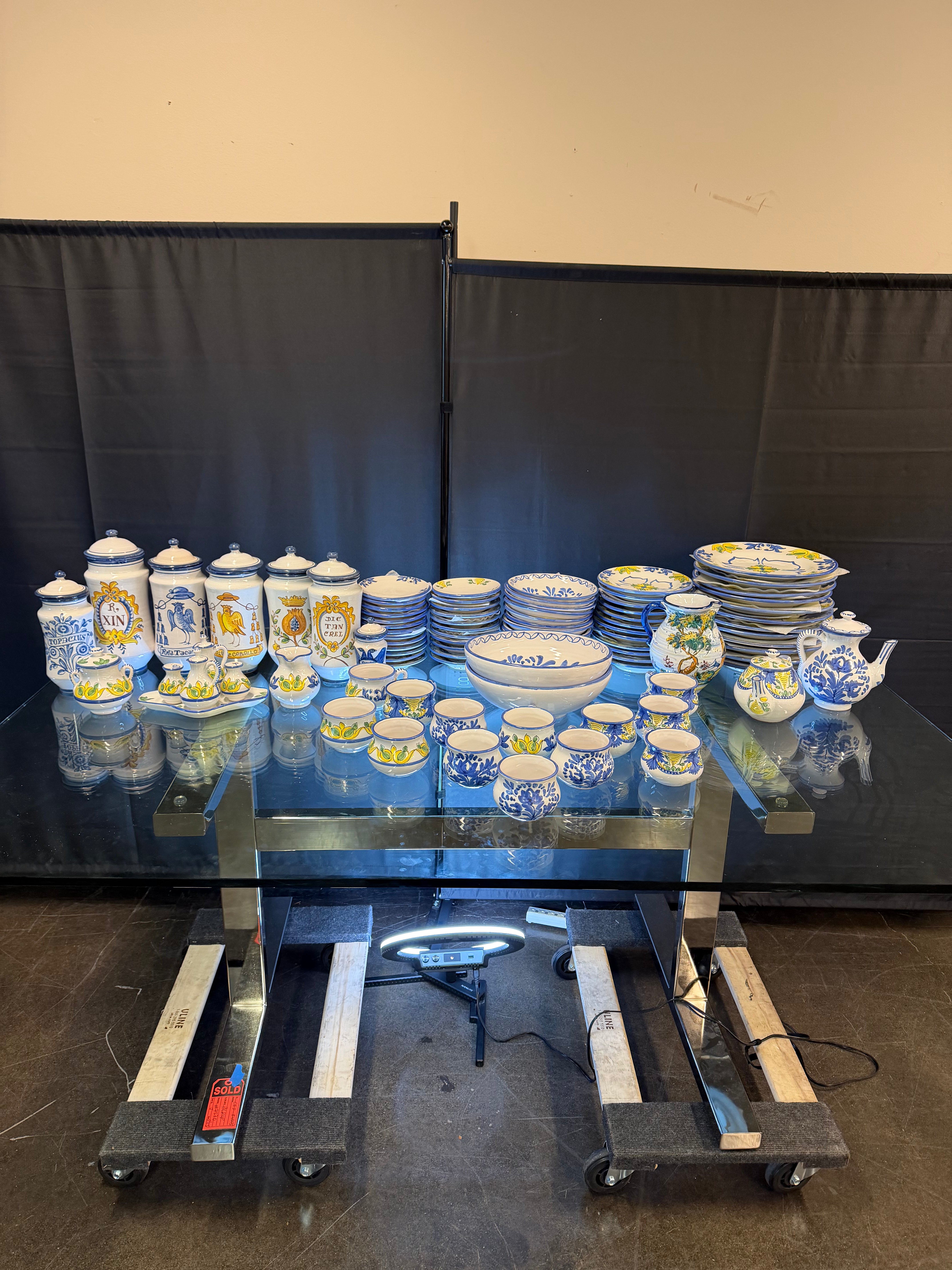 Hand-Painted Vintage Puente del Arzobispo Ceramic Dinnerware Set — 91 Pieces, Cerámica Cruz, with 7 Apothecary Jars