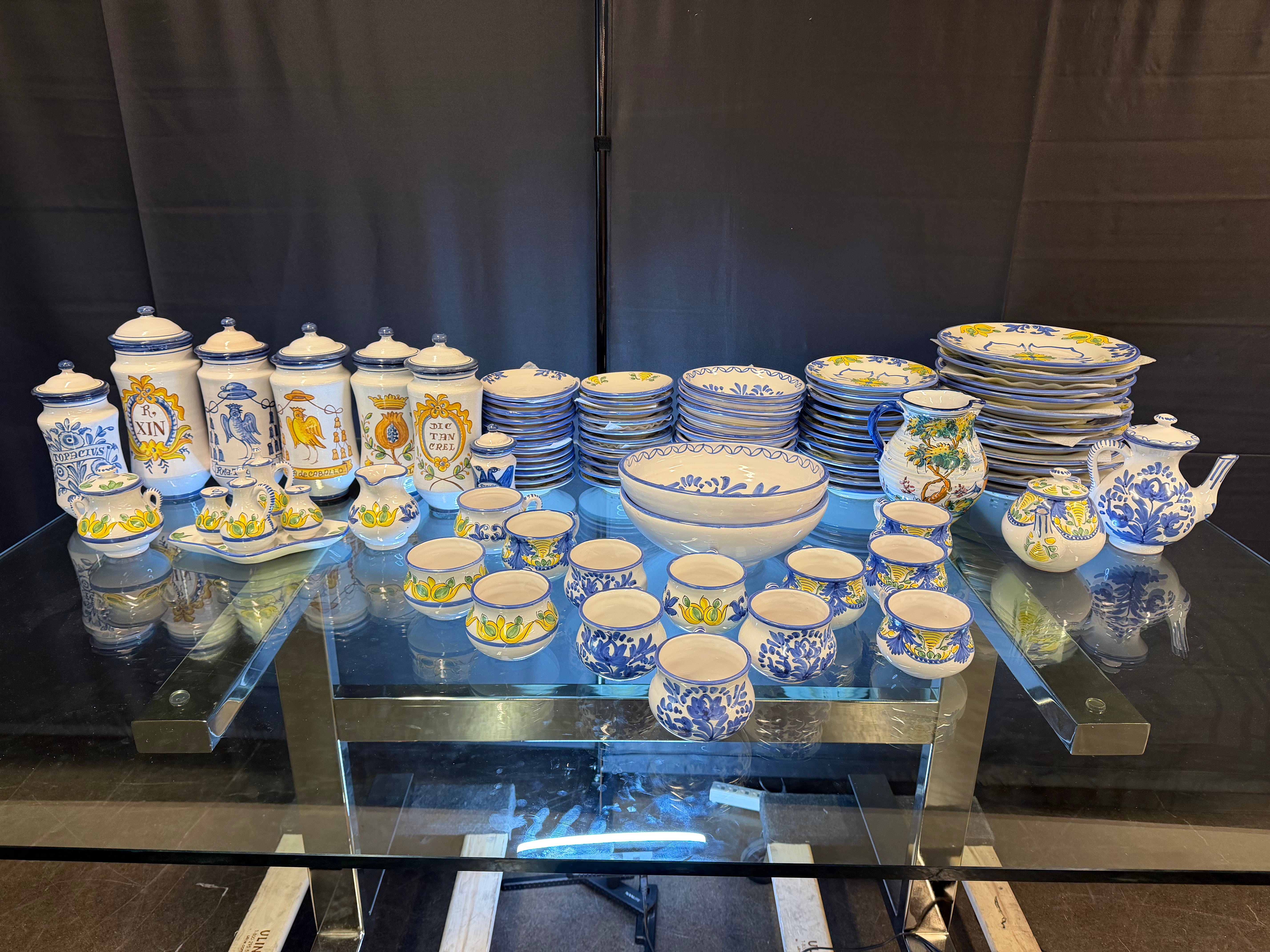 Hand-Painted Vintage Puente del Arzobispo Ceramic Dinnerware Set — 91 Pieces, Cerámica Cruz, with 7 Apothecary Jars