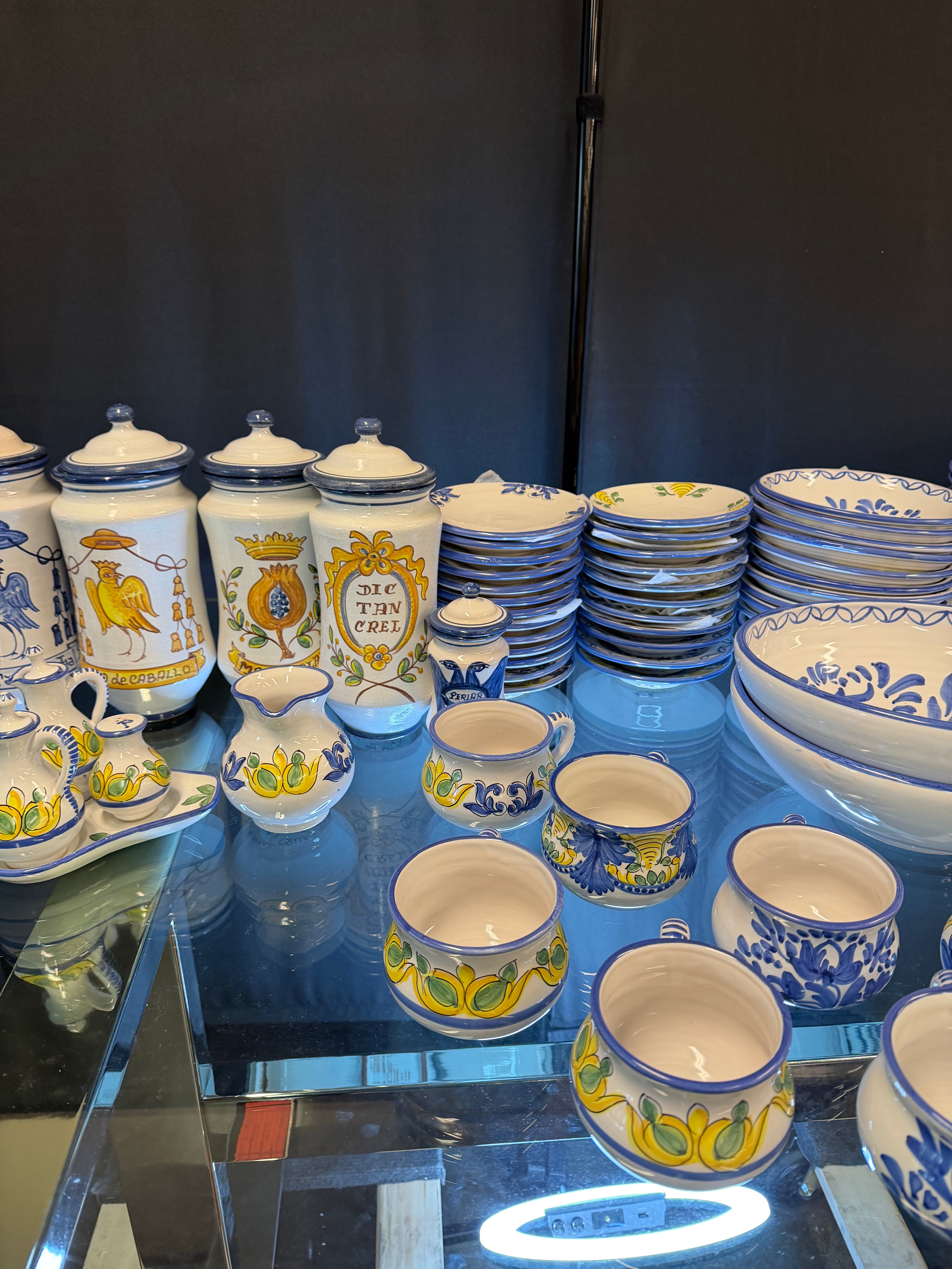 Hand-Painted Vintage Puente del Arzobispo Ceramic Dinnerware Set — 91 Pieces, Cerámica Cruz, with 7 Apothecary Jars