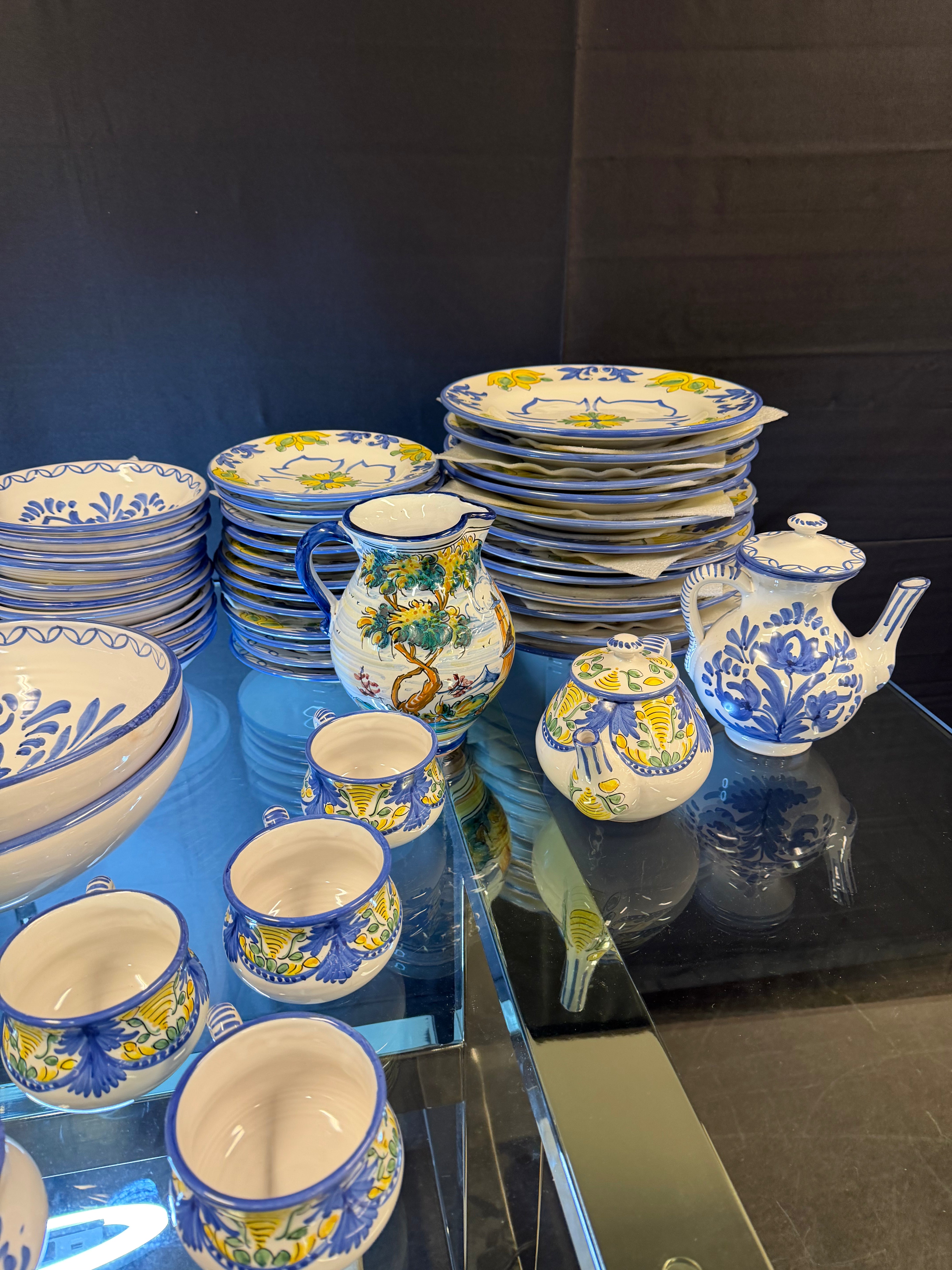 Hand-Painted Vintage Puente del Arzobispo Ceramic Dinnerware Set — 91 Pieces, Cerámica Cruz, with 7 Apothecary Jars