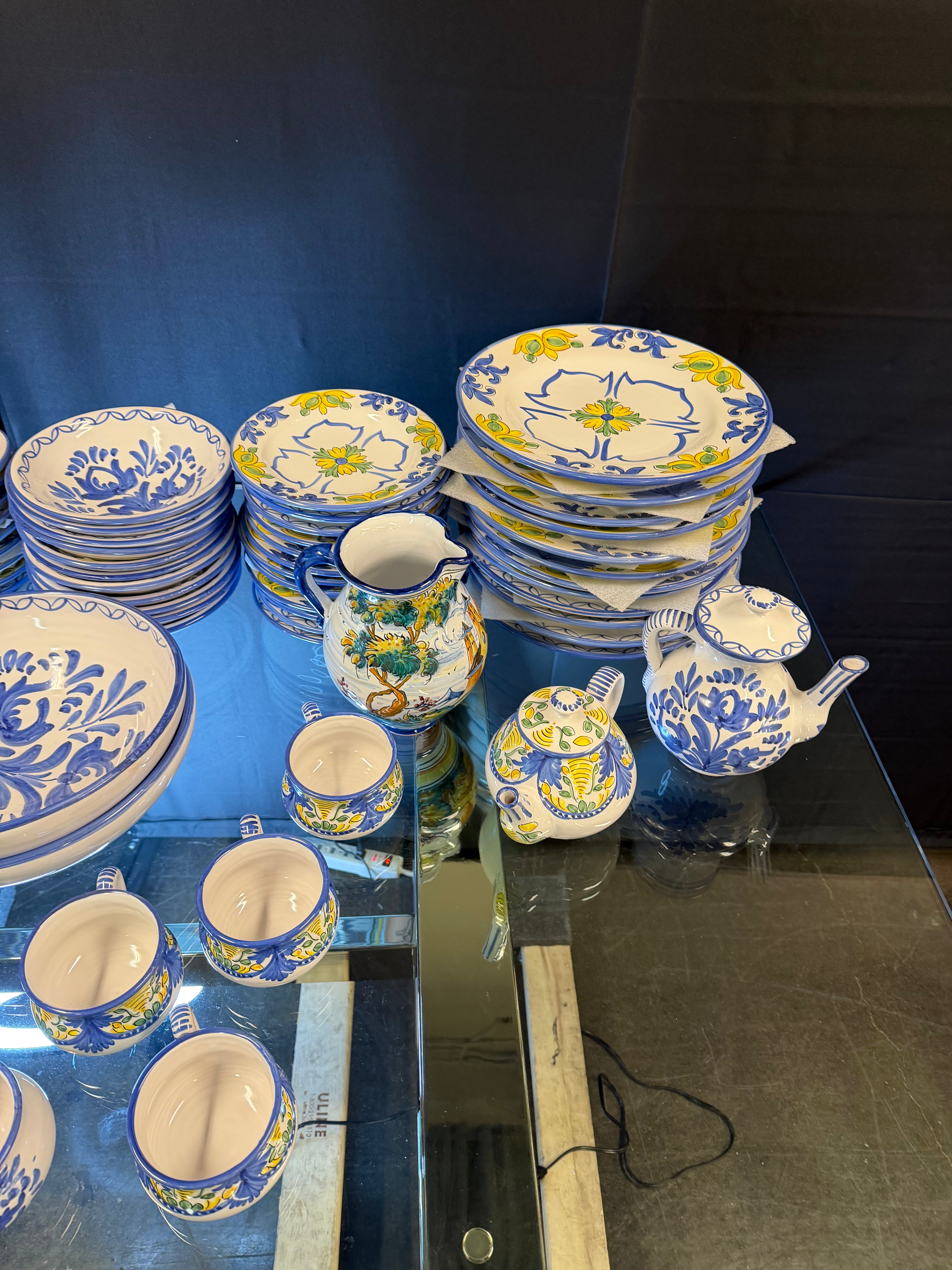 Hand-Painted Vintage Puente del Arzobispo Ceramic Dinnerware Set — 91 Pieces, Cerámica Cruz, with 7 Apothecary Jars