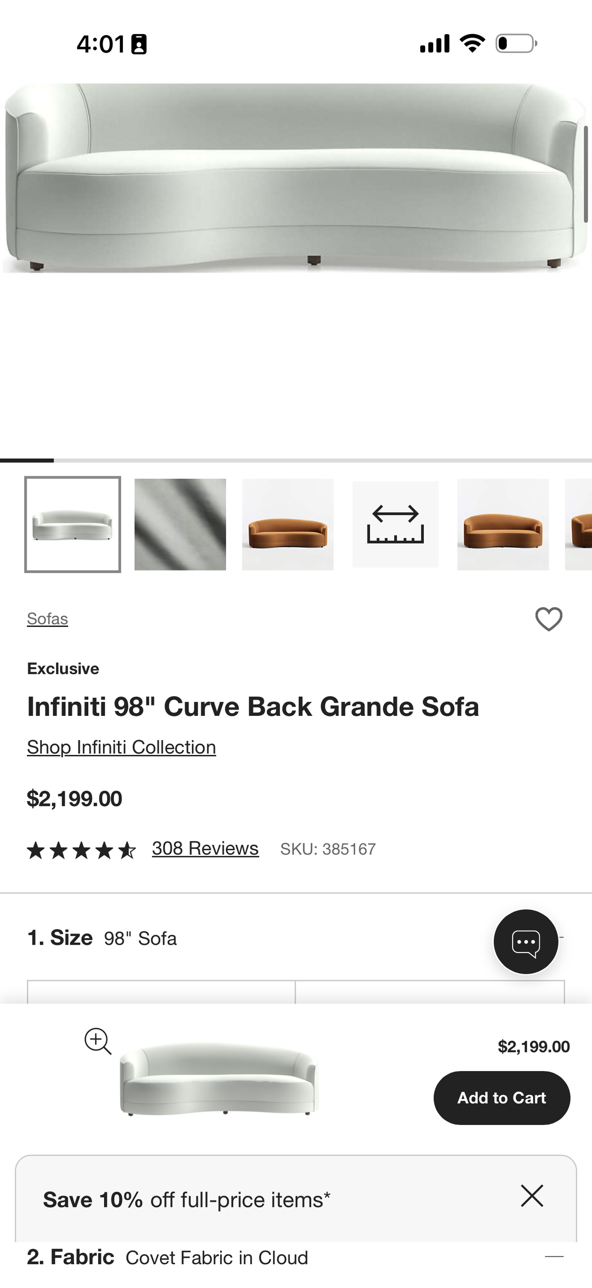 Crate & Barrel Infiniti Curve Back Covet Fabric in Cloud Couch | New at $2199