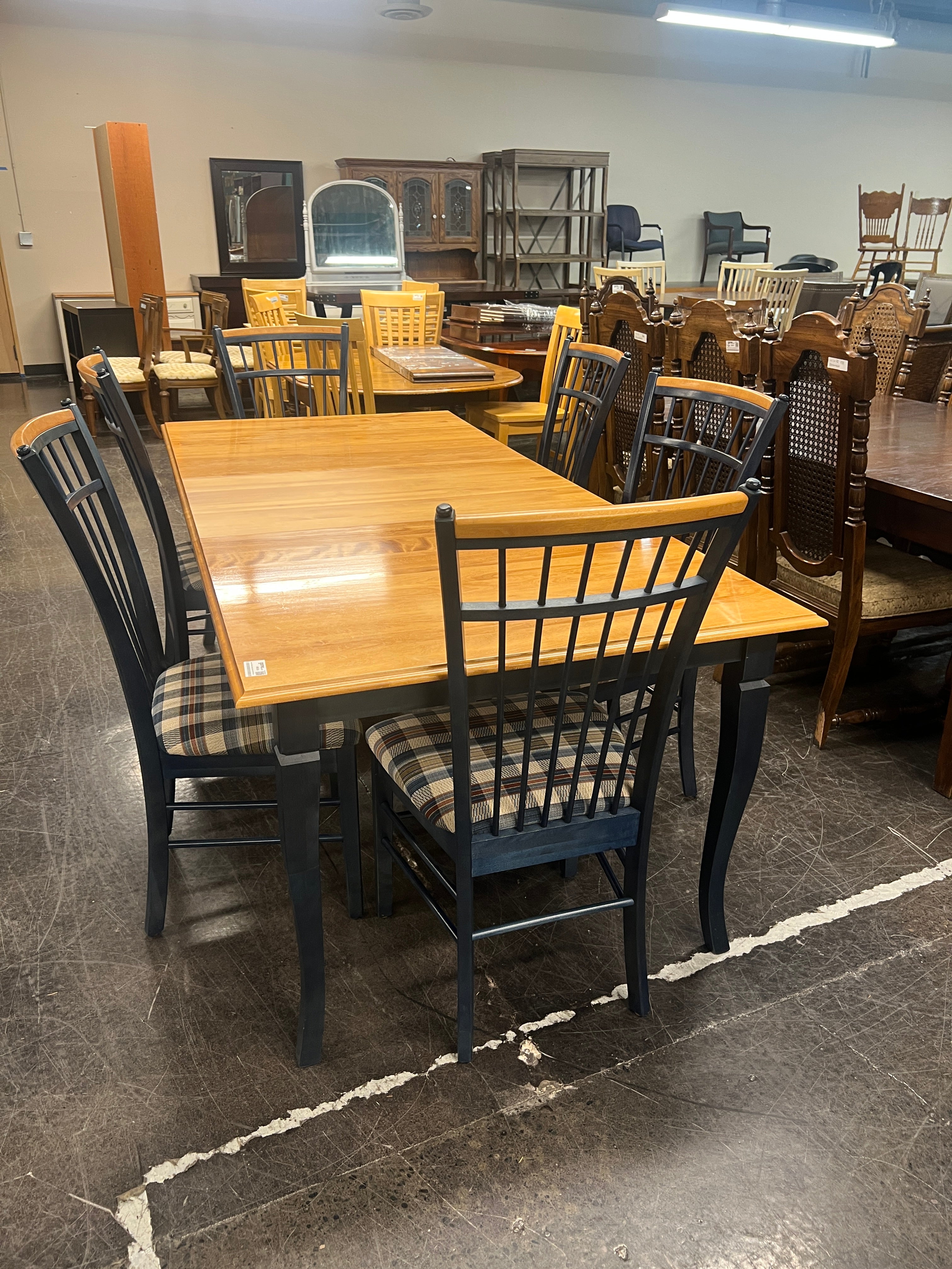 Blue Trim Wood Dining Table with Leaf and Six Plaid Upholstered Chairs