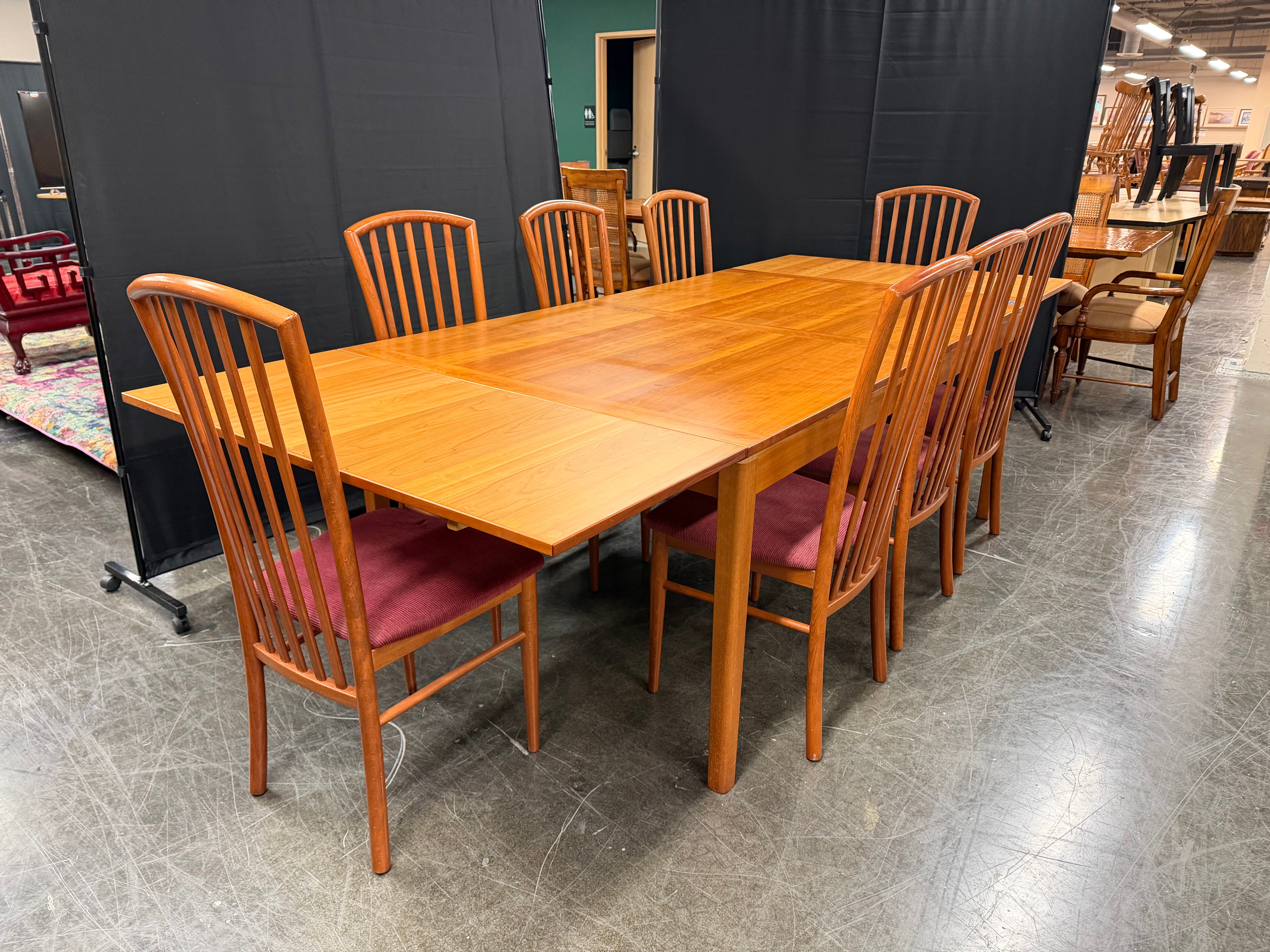 IMS SRL Italian Solid Wood Draw-Leaf Extension Dining Table with 8 Slat-Back Chairs, 9-Piece Set, Made in Italy