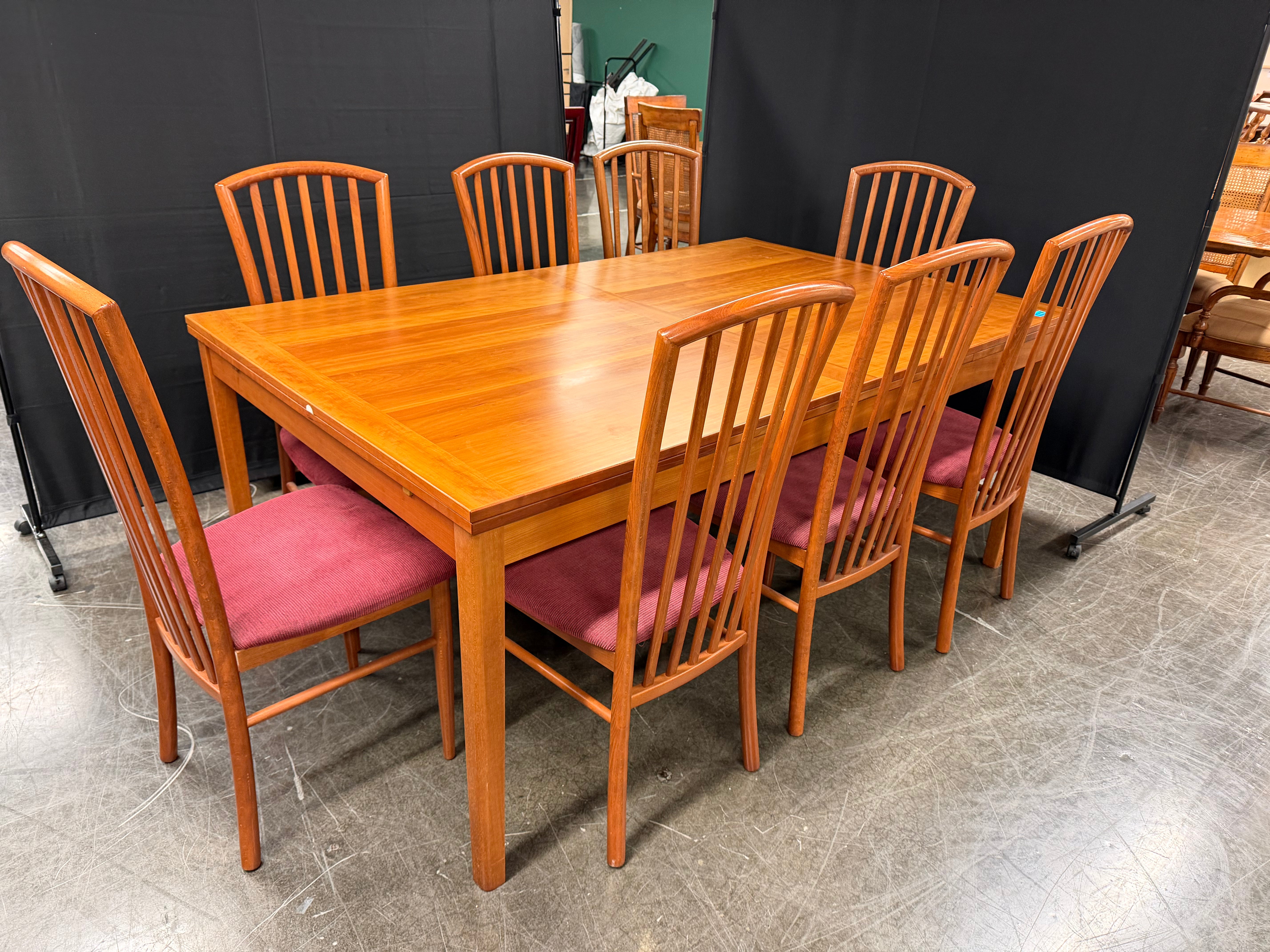 IMS SRL Italian Solid Wood Draw-Leaf Extension Dining Table with 8 Slat-Back Chairs, 9-Piece Set, Made in Italy