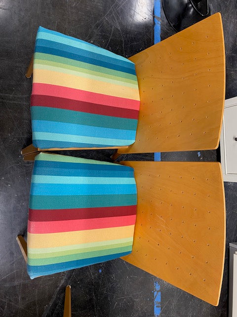 Set of 4 - Mid-Century Modern Wood Dining Chair with Multicolored Striped Seat