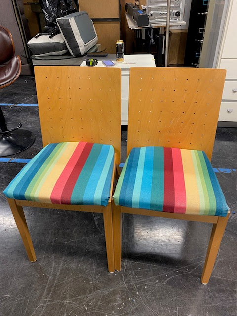 Set of 4 - Mid-Century Modern Wood Dining Chair with Multicolored Striped Seat