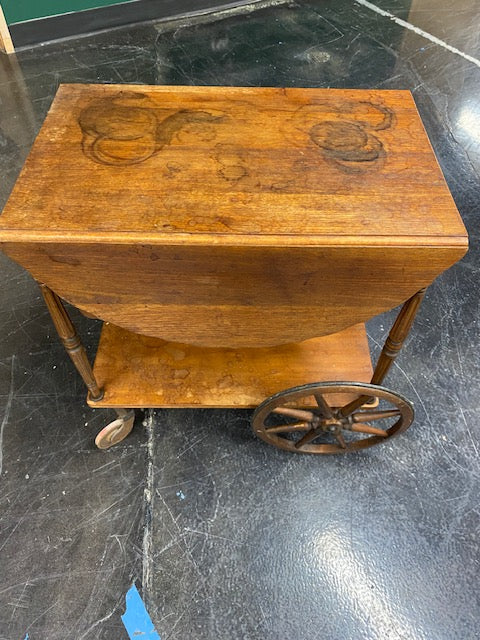 Antique Brown Wood Serving Cart with Drop-Leaf Top