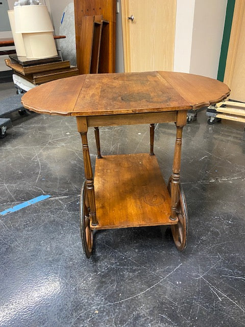 Antique Brown Wood Serving Cart with Drop-Leaf Top