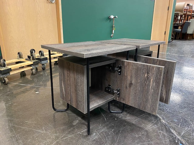 Pair of Mid-Century Modern Wood End Tables with Black Metal Legs