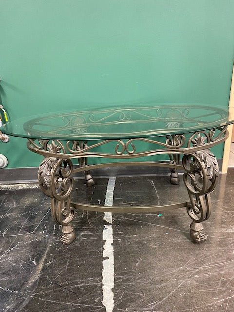 Ornate Metal and Glass Oval Coffee Table