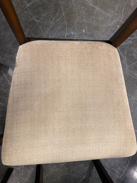 Set of Four Brown Wood Dining Chairs with Beige Cushions