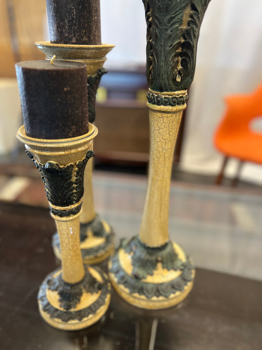Ornate Green and Cream Candlesticks (SET OF 3)