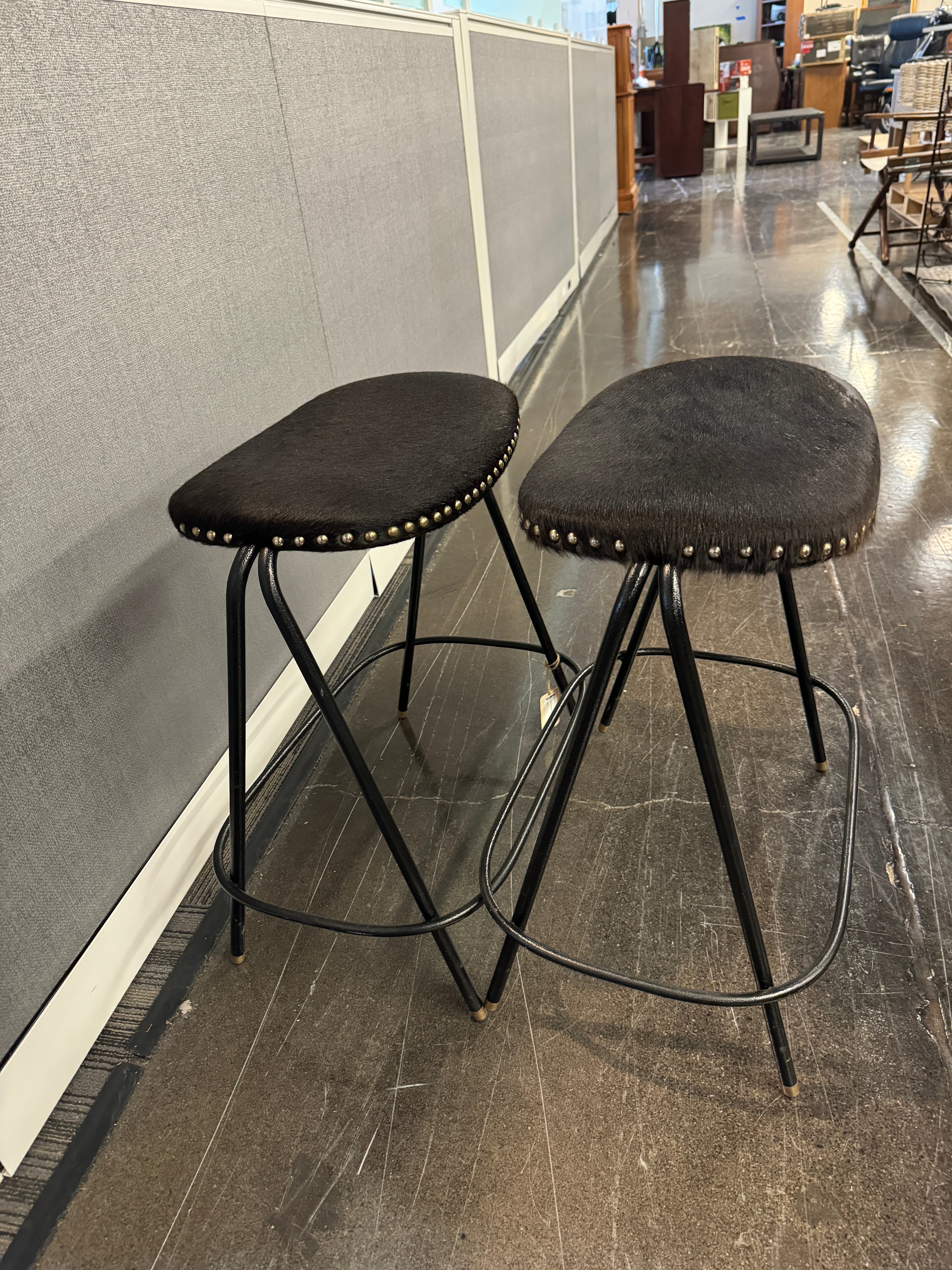 Modern CB2 Metal-Leg Cowhide Counter Stools