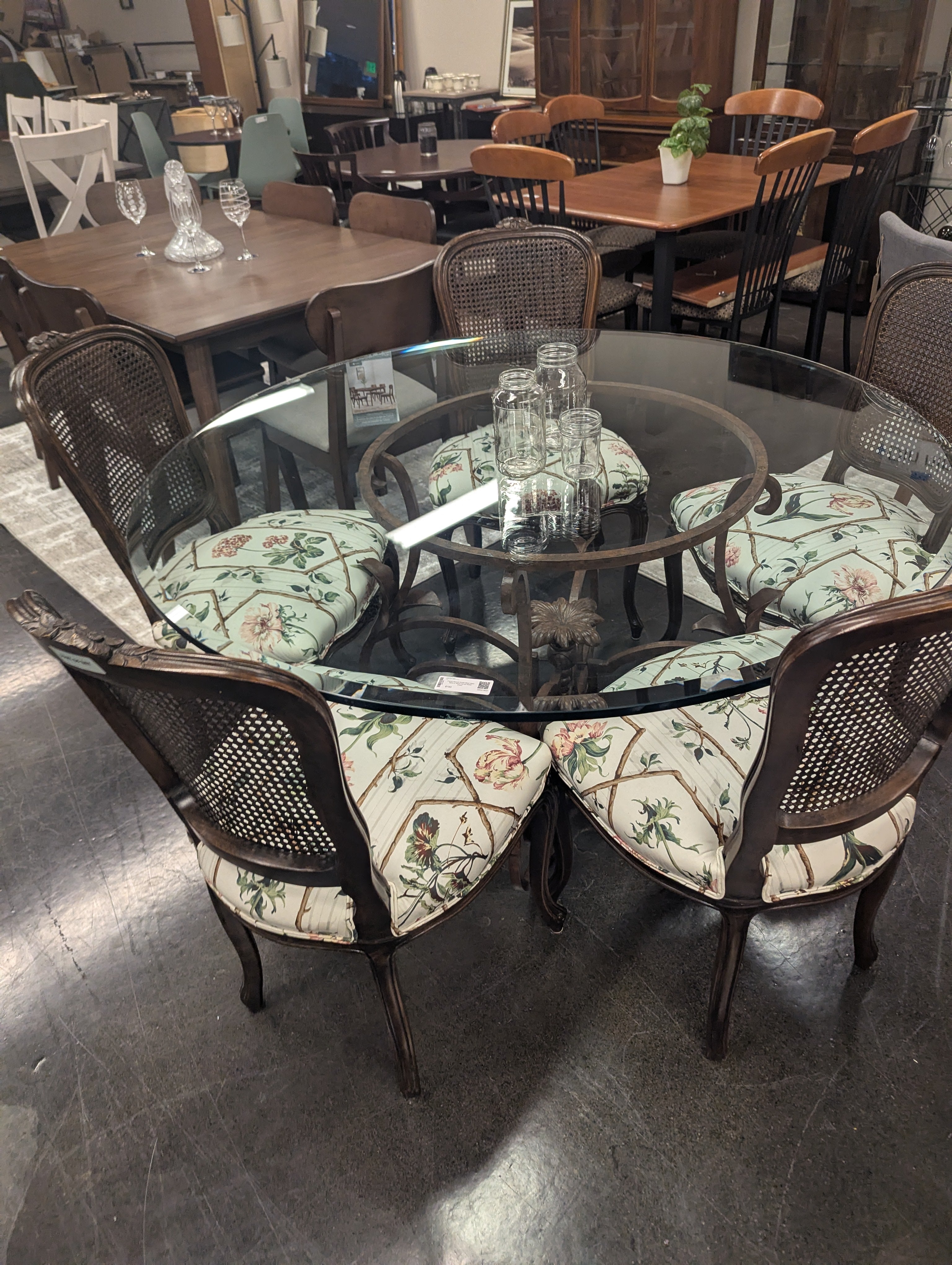 French Revival Ornate Metal Glass Table w/ Wood Carved Rattan Chairs