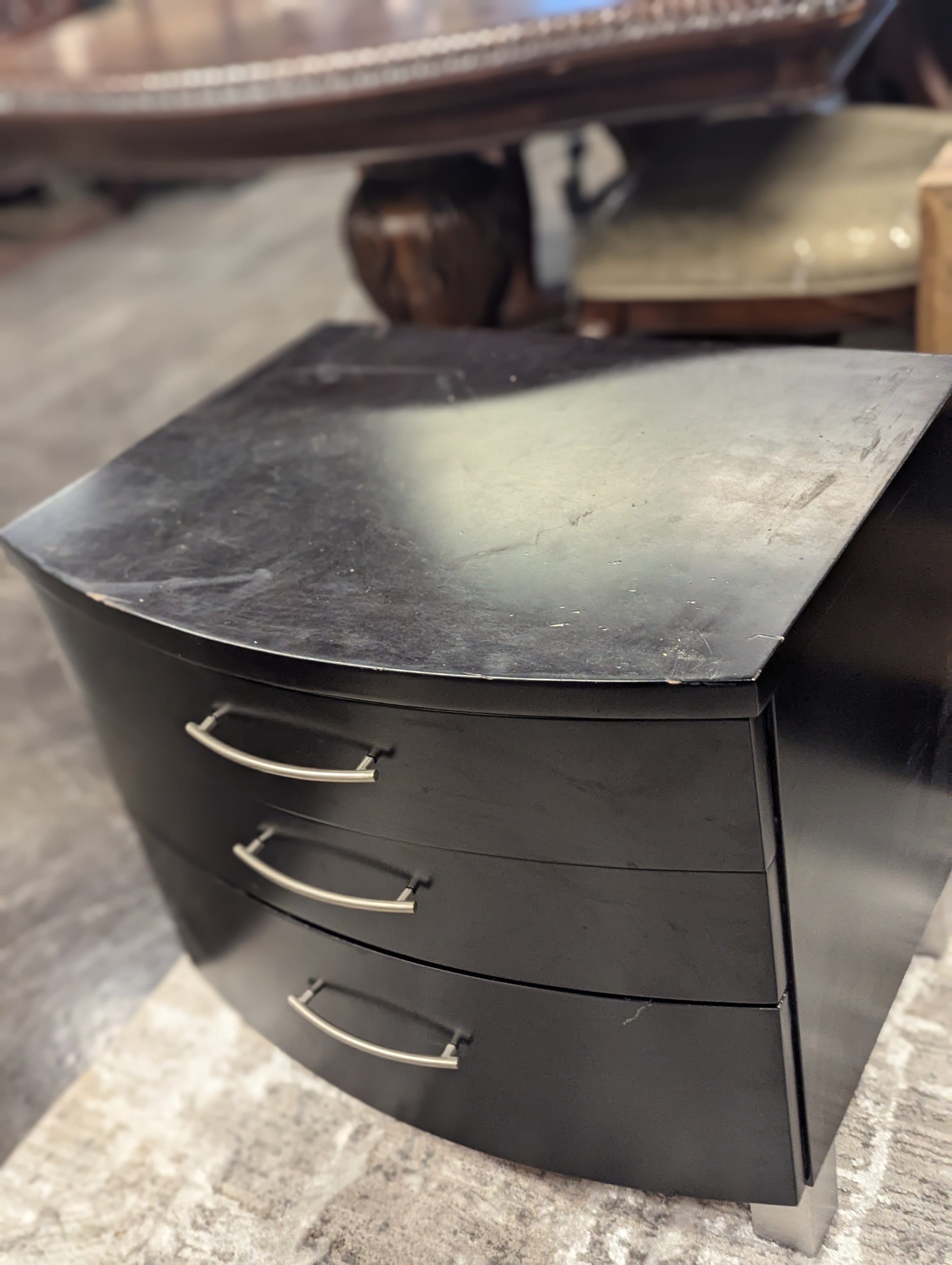 Curved Ebony Nightstand With SIlver Pulls
