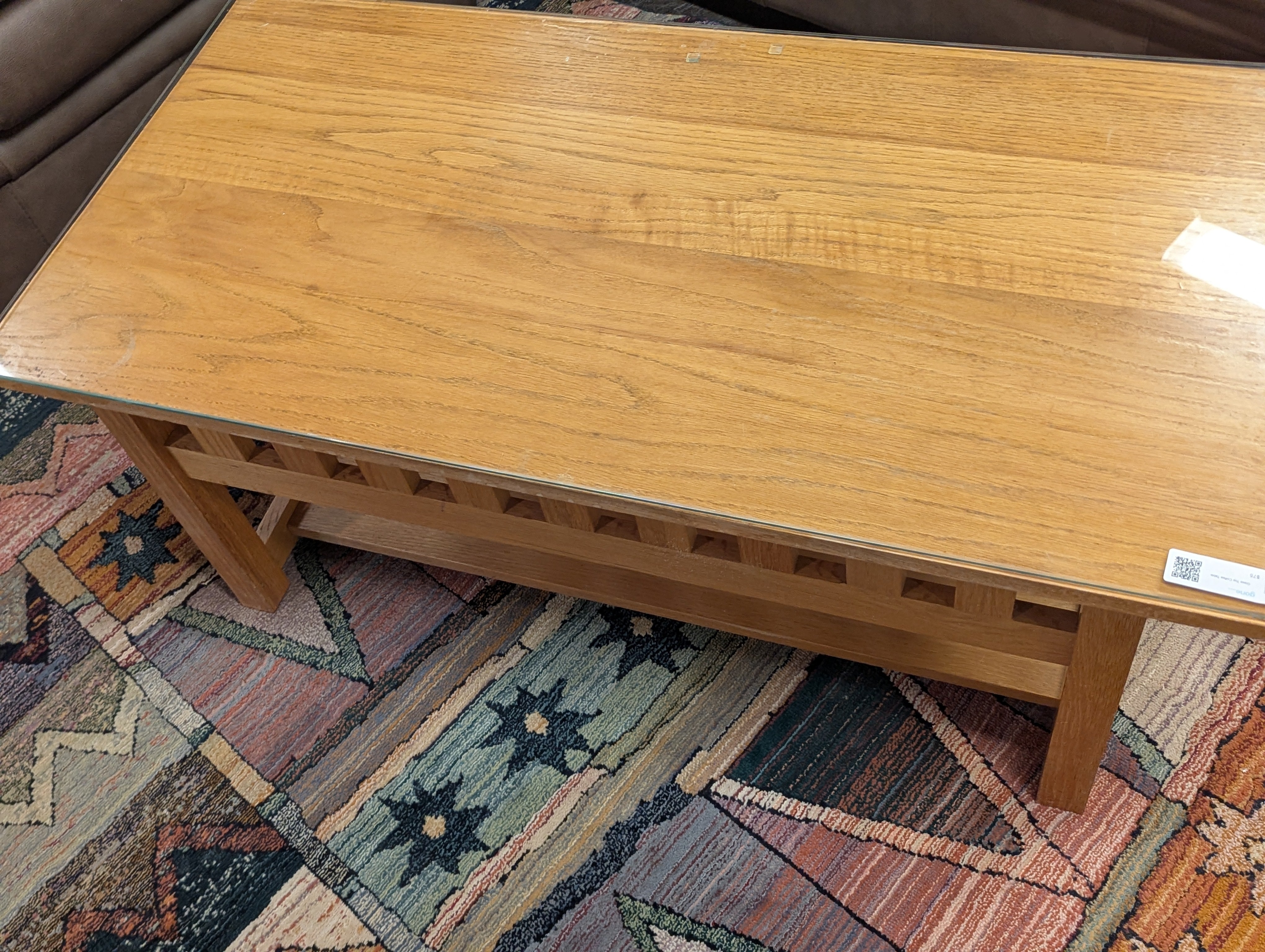 Mission Style Wood Coffee Table With Glass Top.