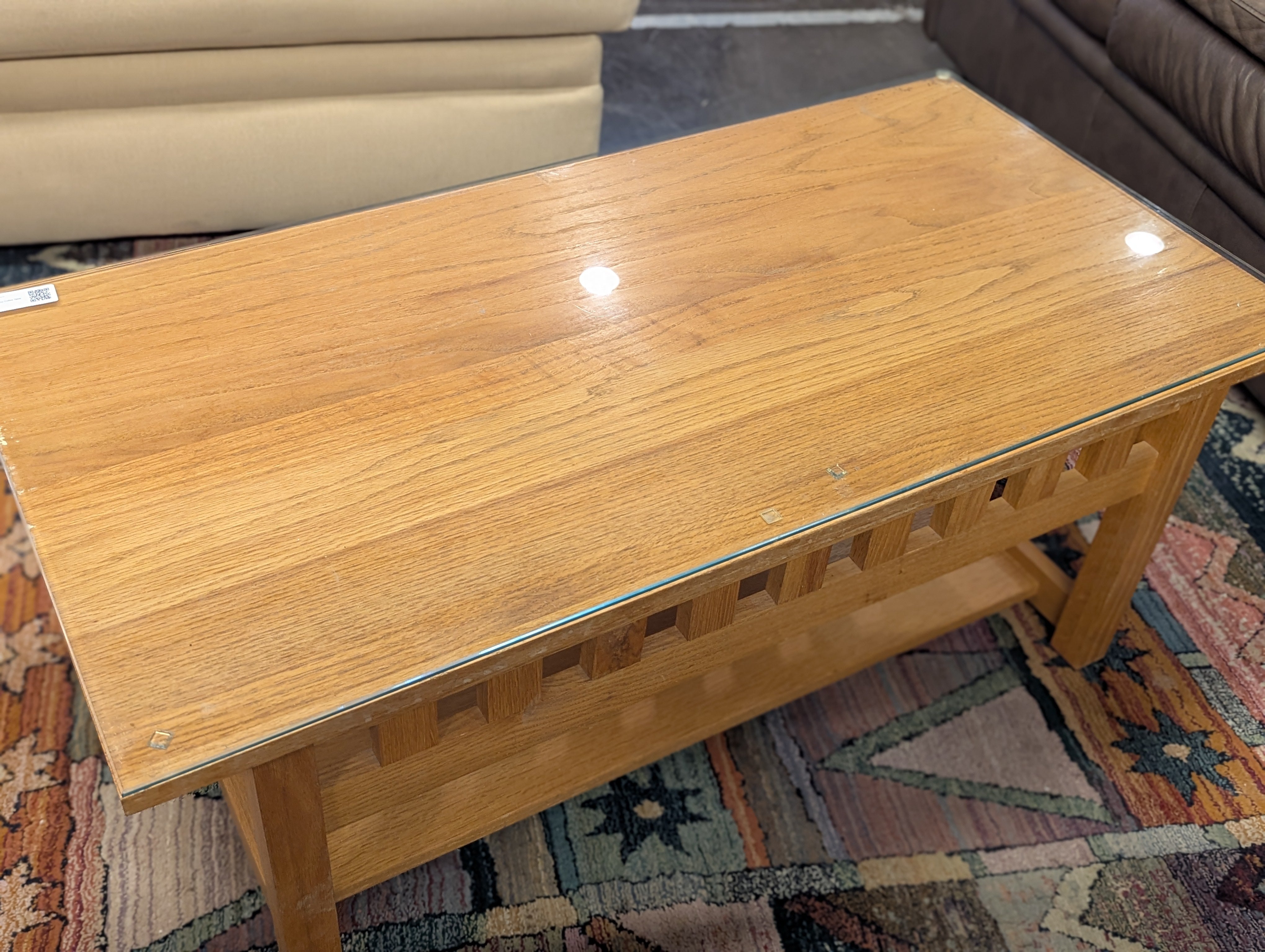 Mission Style Wood Coffee Table With Glass Top.