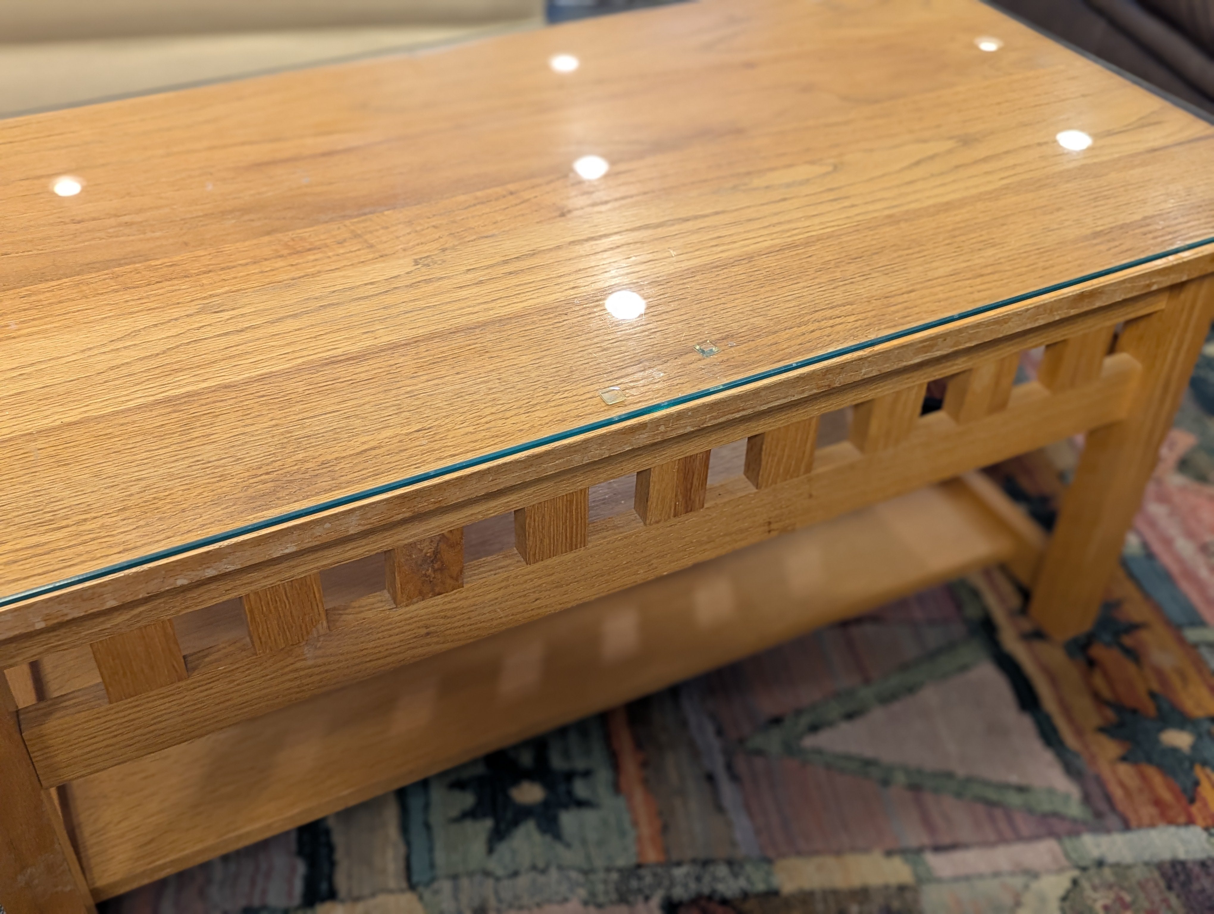 Mission Style Wood Coffee Table With Glass Top.