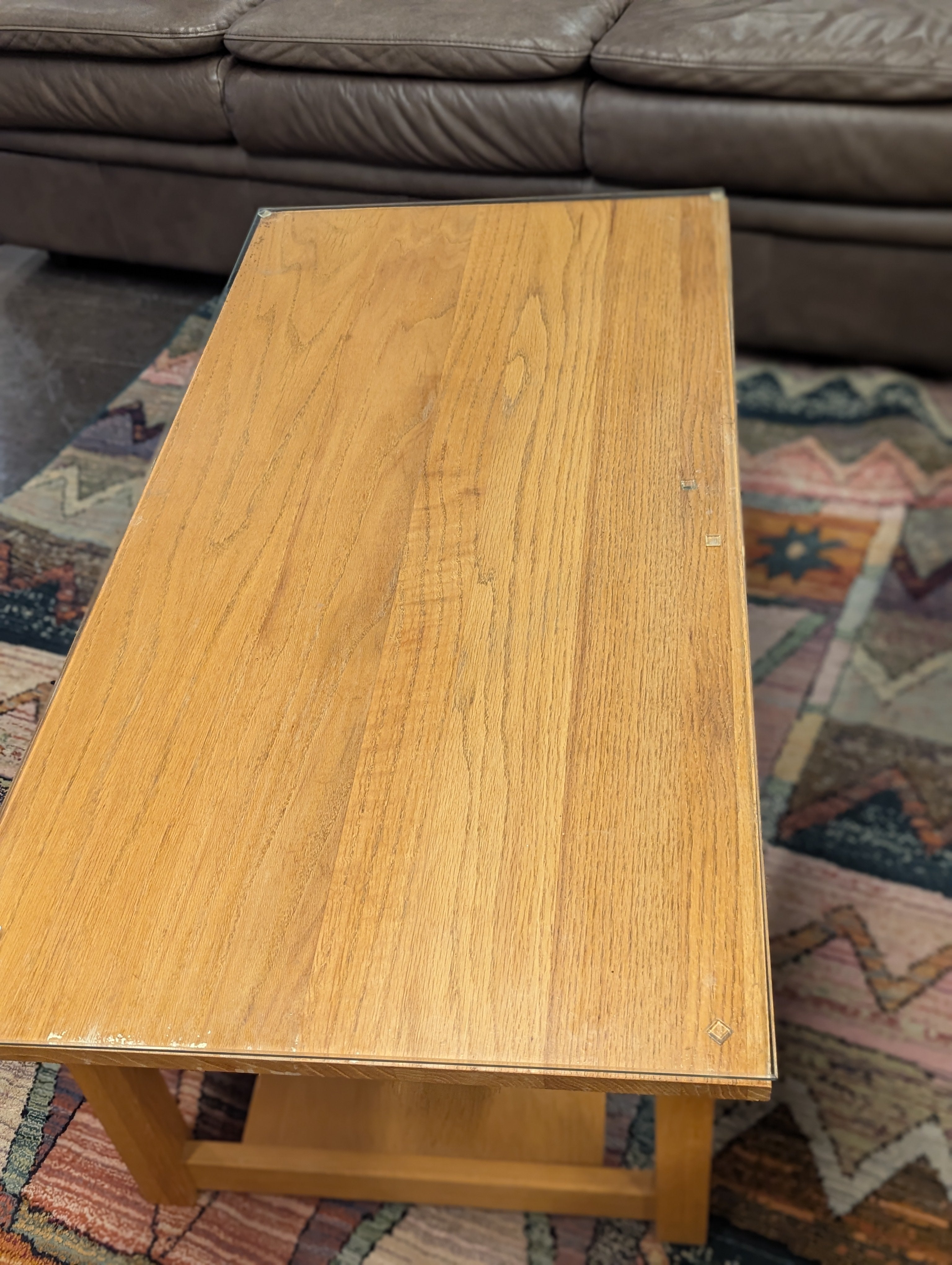 Mission Style Wood Coffee Table With Glass Top.