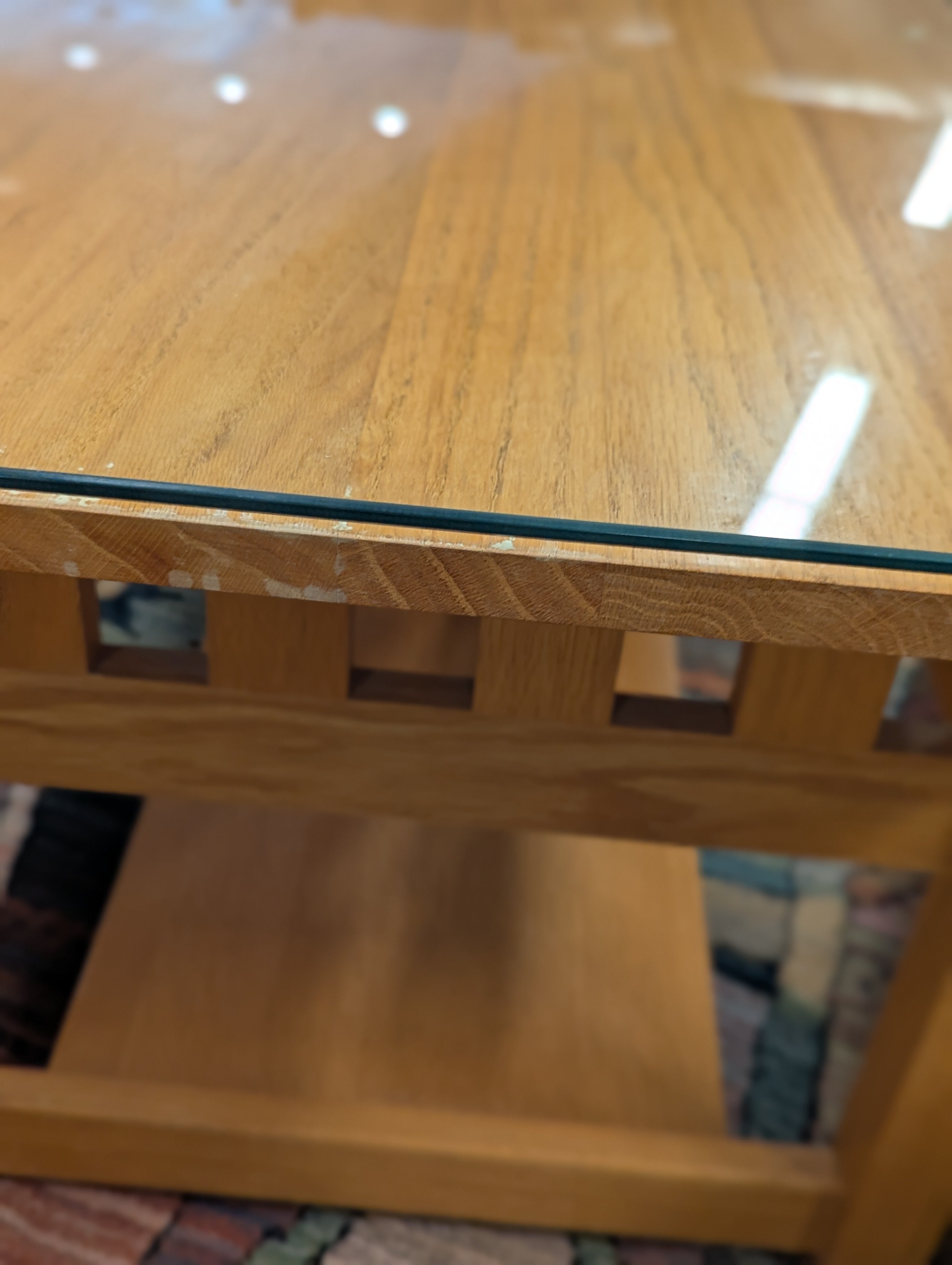 Mission Style Wood Coffee Table With Glass Top.