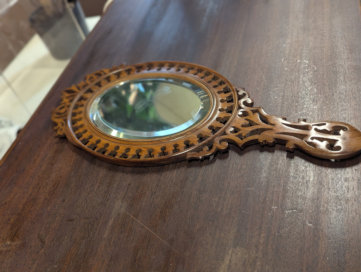 Antique Wood Hand Mirror