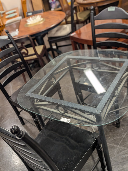 Black Metal Glass Table w/ 4 Black Chairs