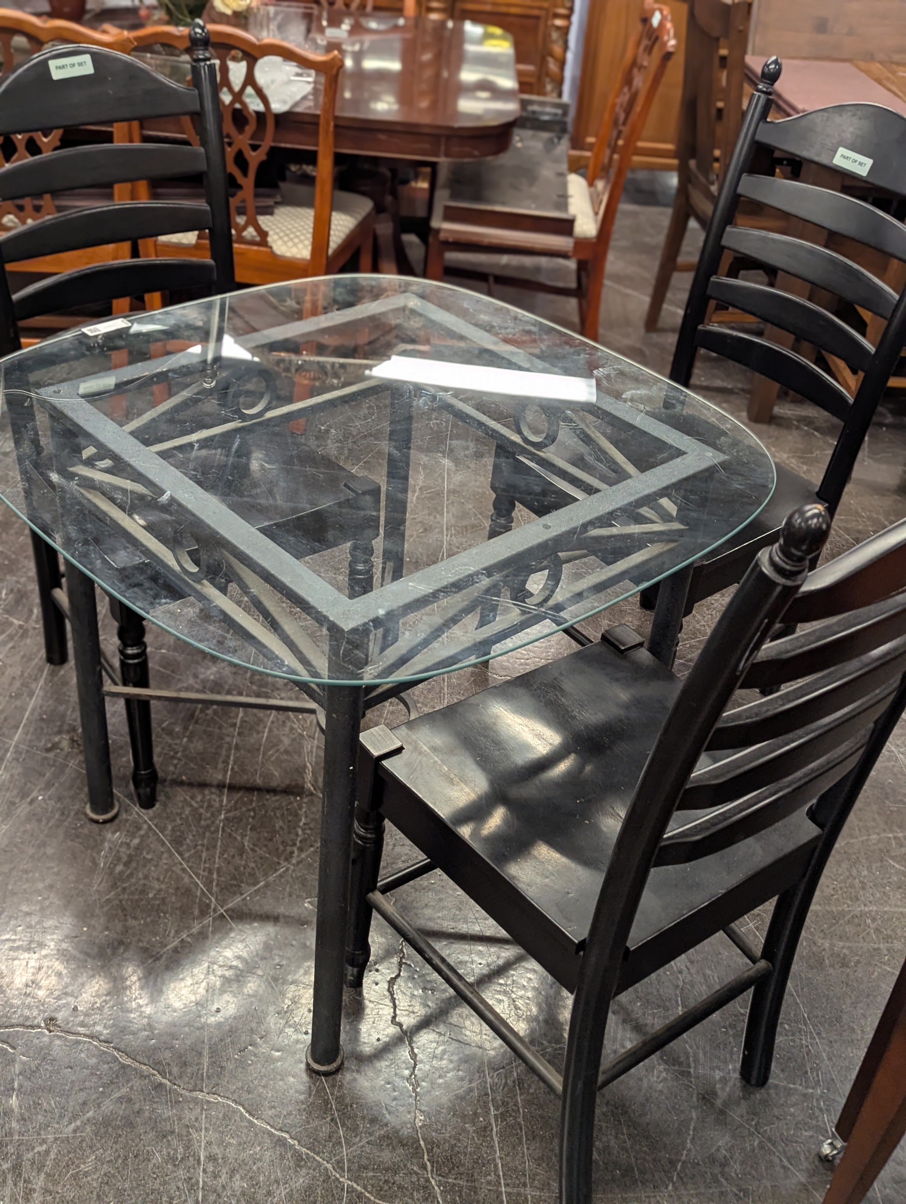 Black Metal Glass Table w/ 4 Black Chairs