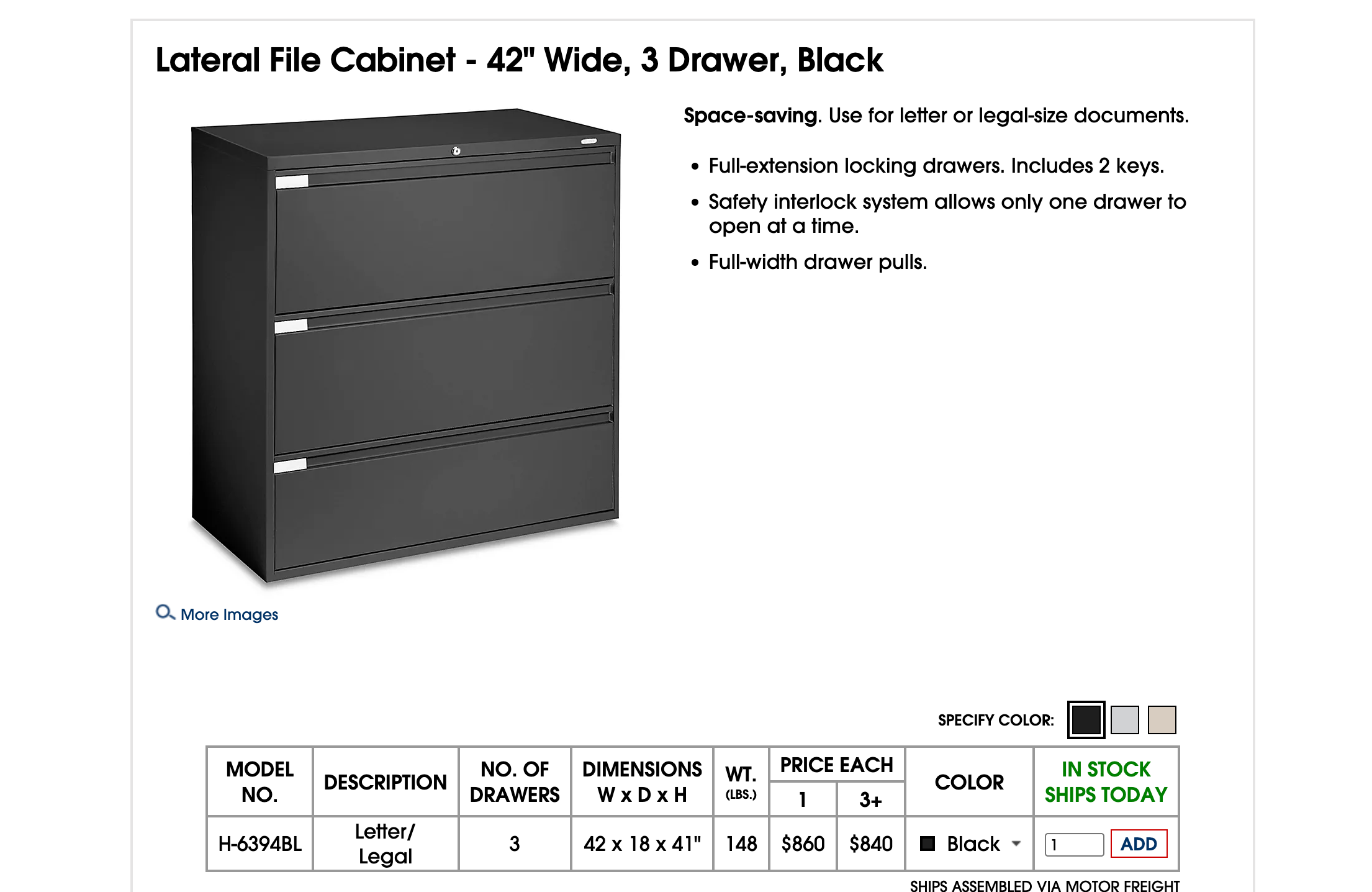 ULINE Black 3-Drawer Sturdy Lateral Filing Cabinet with Lock