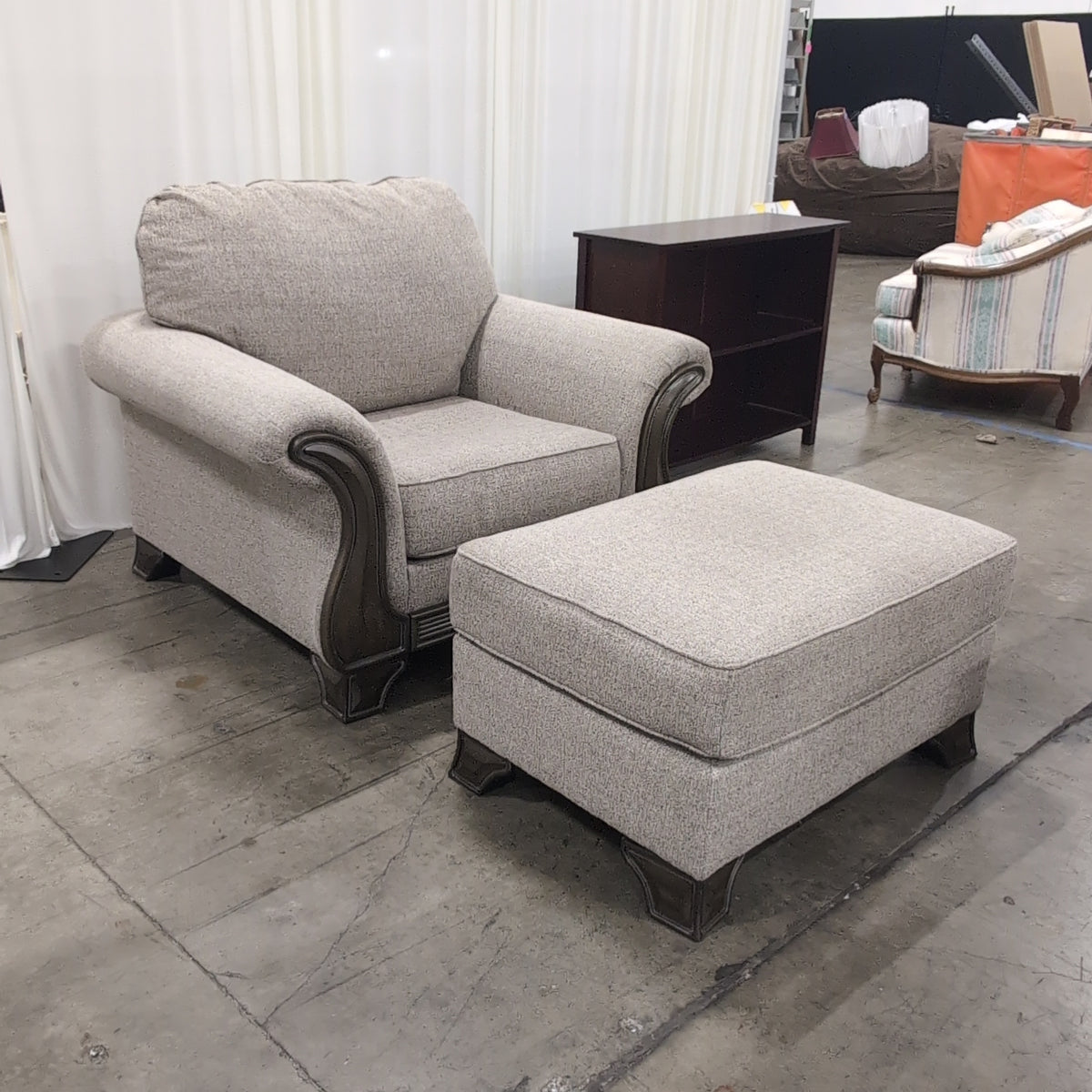 Traditional Tan Fabric Armchair with Wood Trim