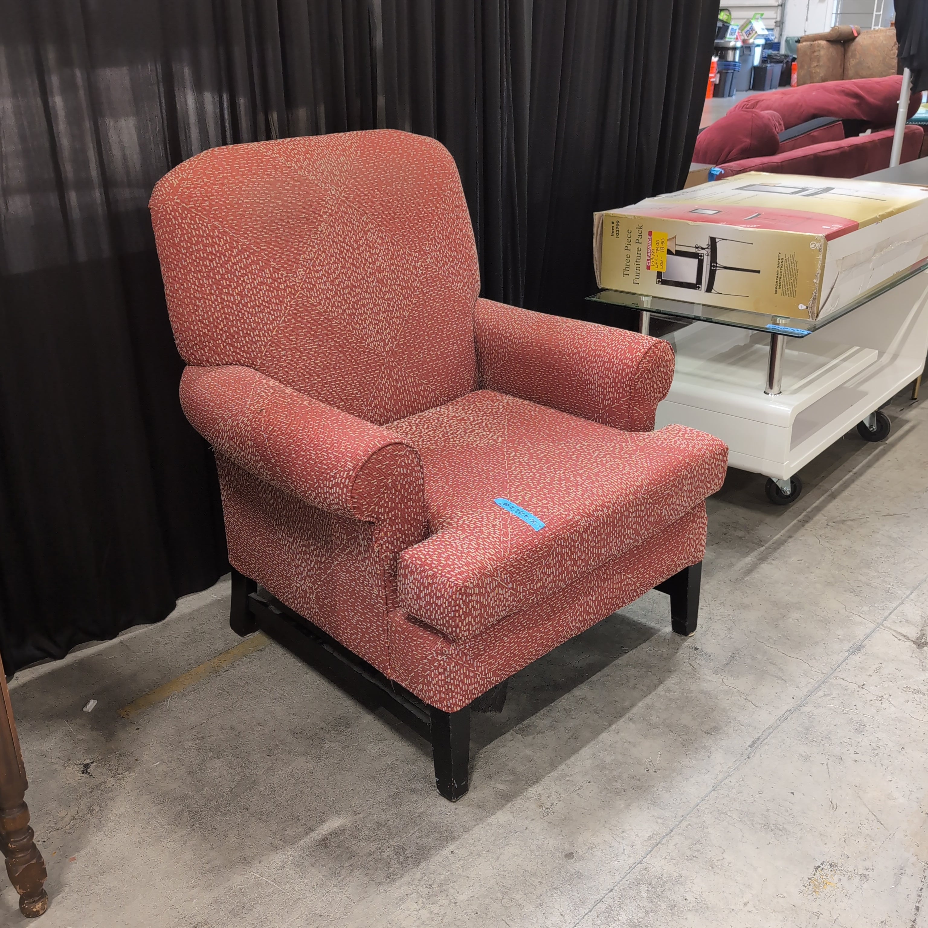 Red Patterned Upholstered Armchair with Rolled Arms