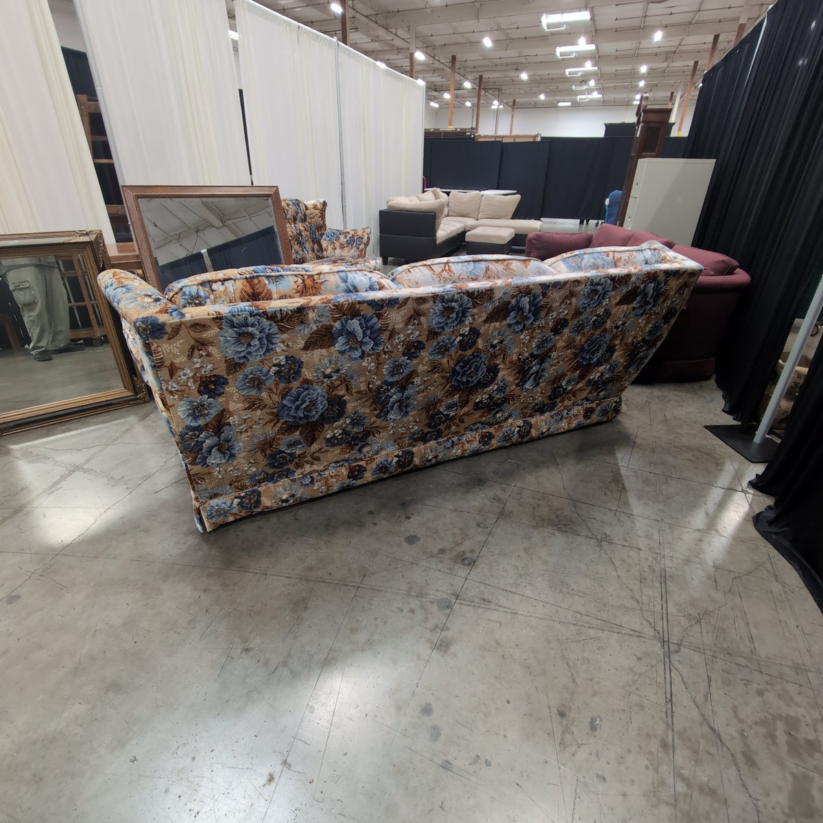 Retro Blue and Orange Floral Three-Seat Couch