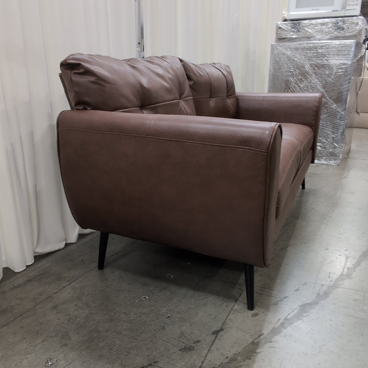 Brown Mid-Century Style Two-Seat Couch in Faux Leather