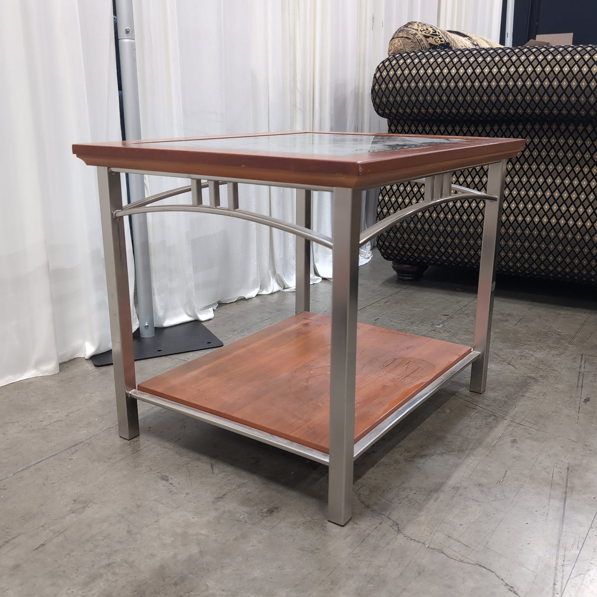 Cherry-Toned Wood and Metal End Table with Glass Top