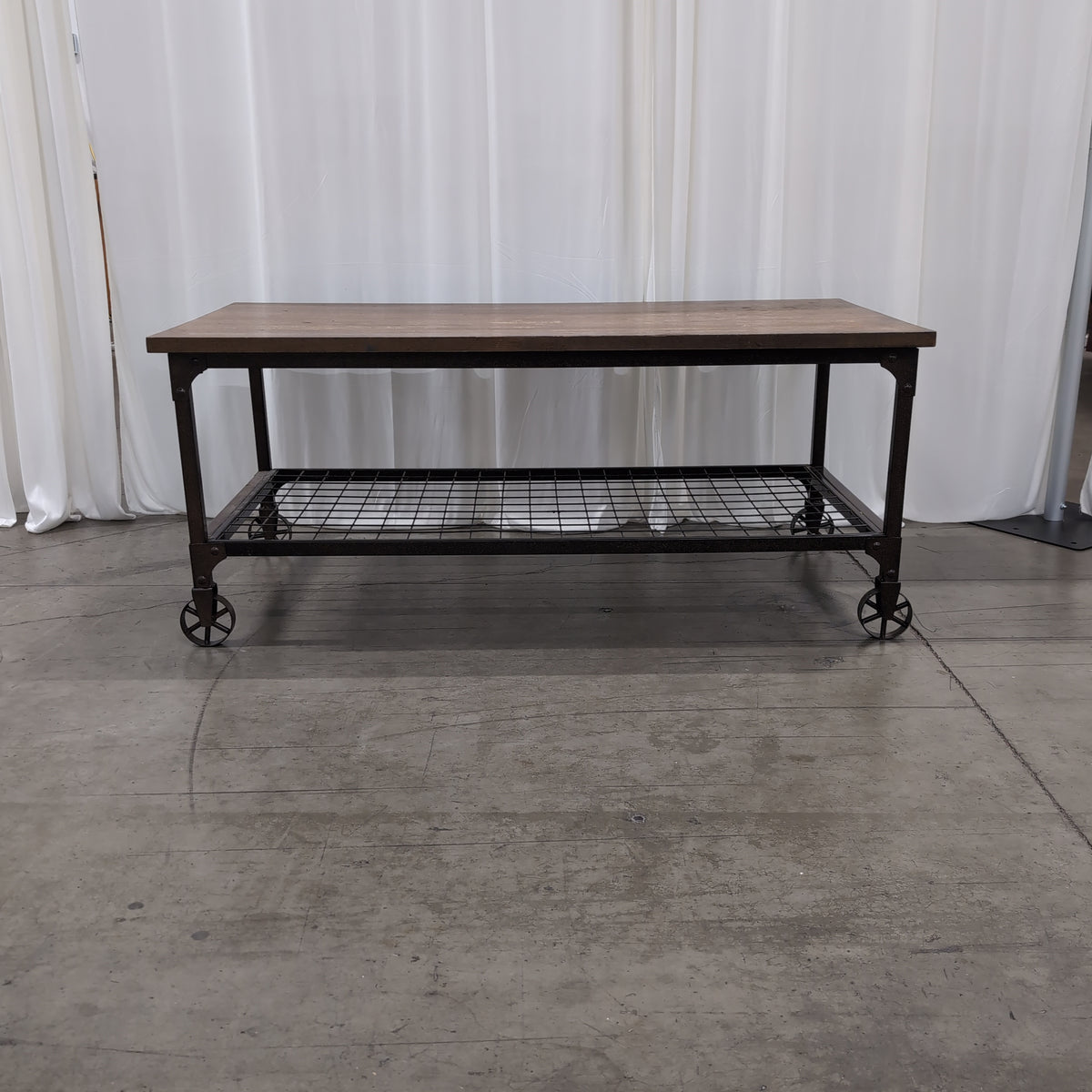 Industrial Wood and Metal Coffee Table with Wheels