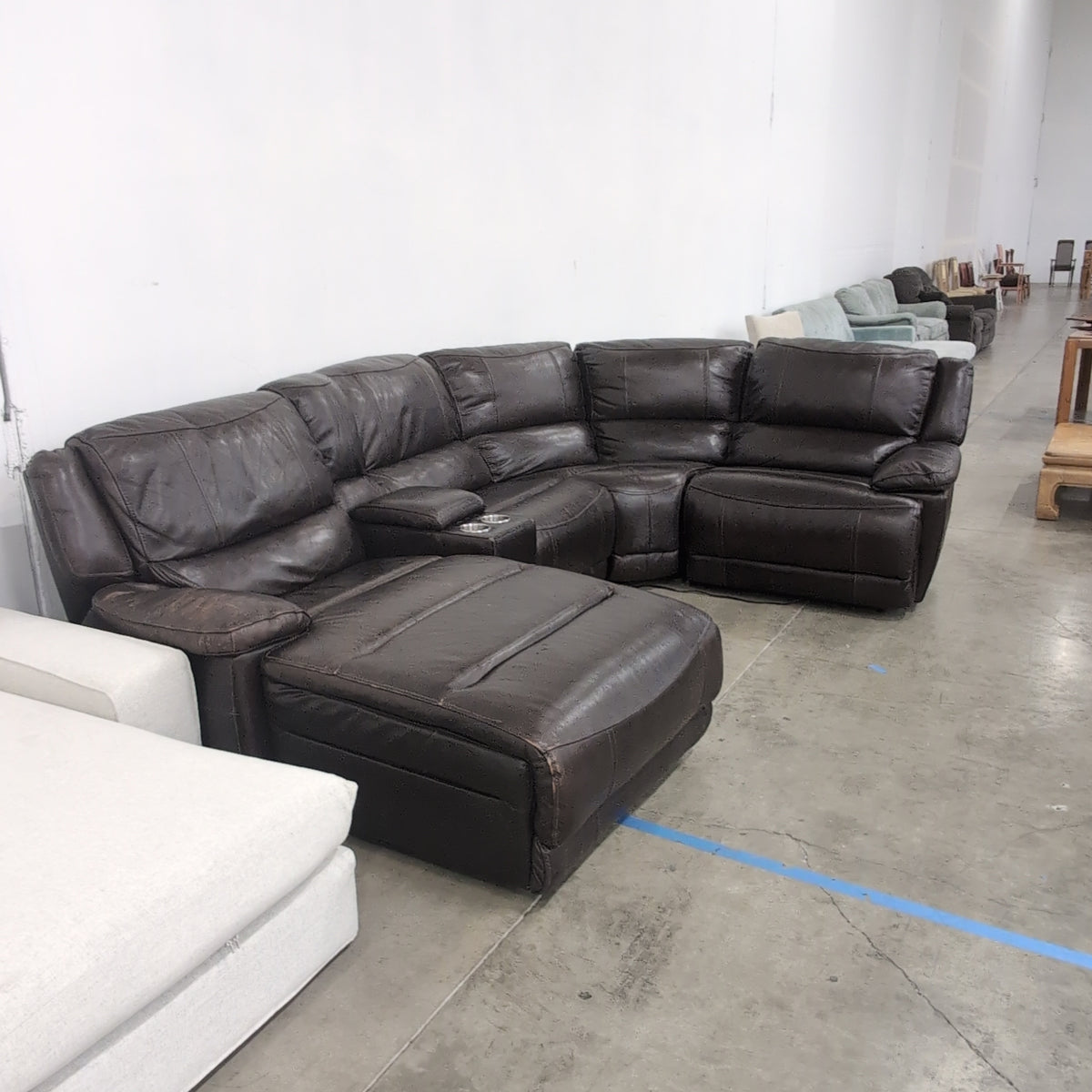 Brown Leather Reclining Sectional Couch with Cup Holders