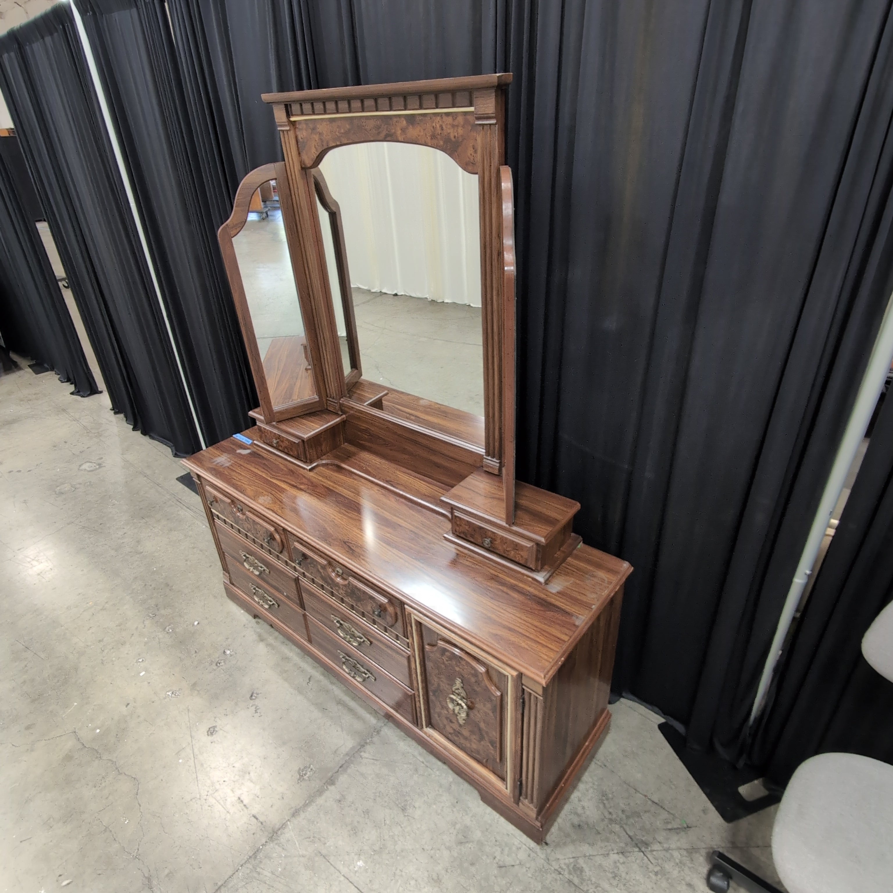 Traditional Dark Wood Dresser with Triple Mirror