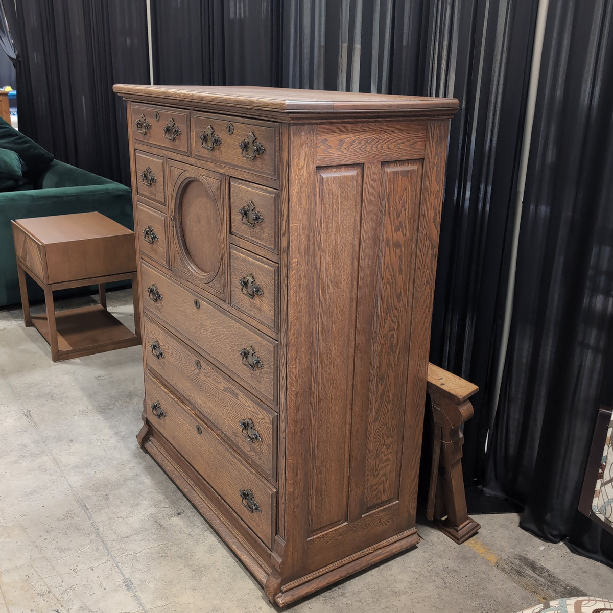Antique Dark Wood Dresser with Ornate Mirror