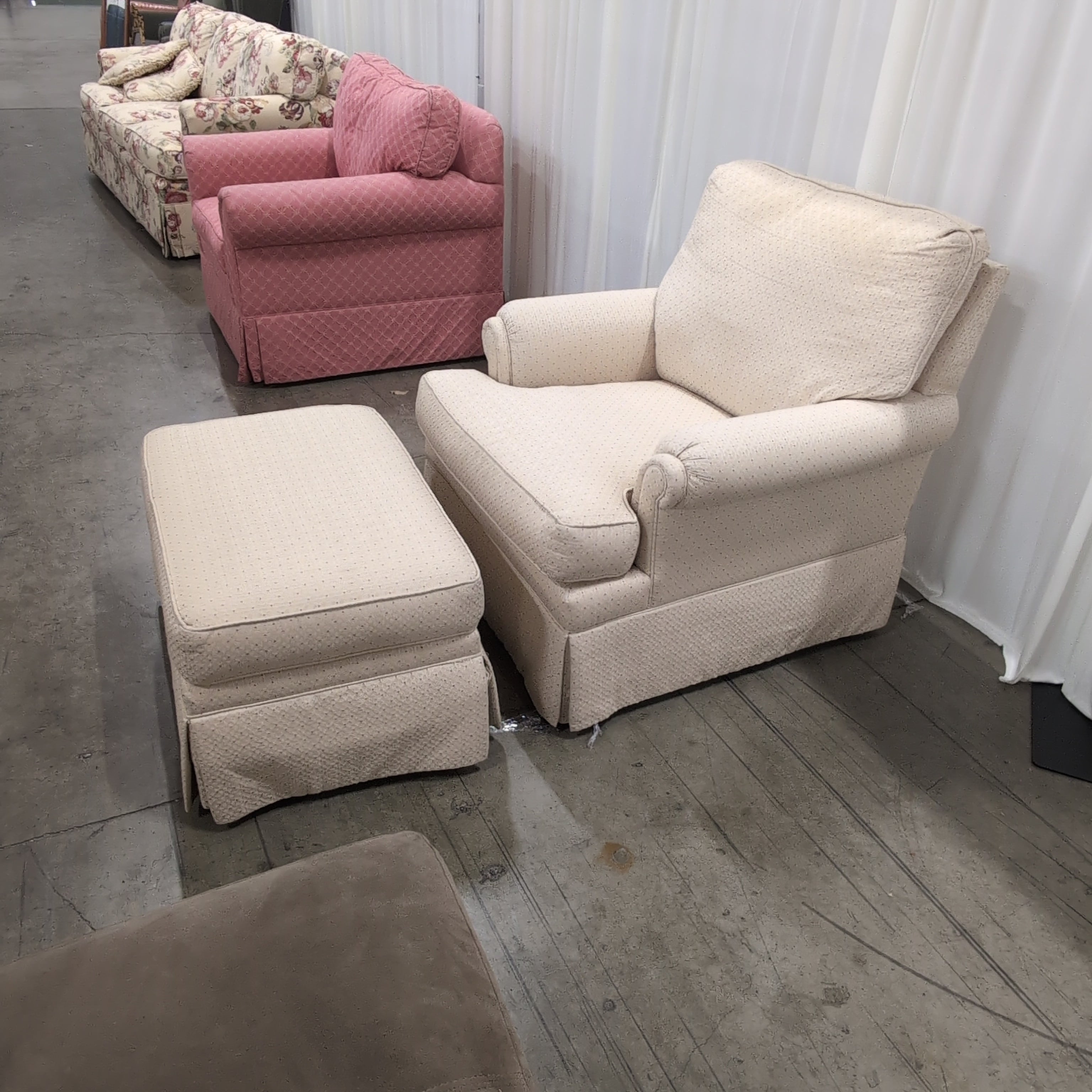 Ethan Allen Cream Patterned Upholstered Armchair with Ottoman